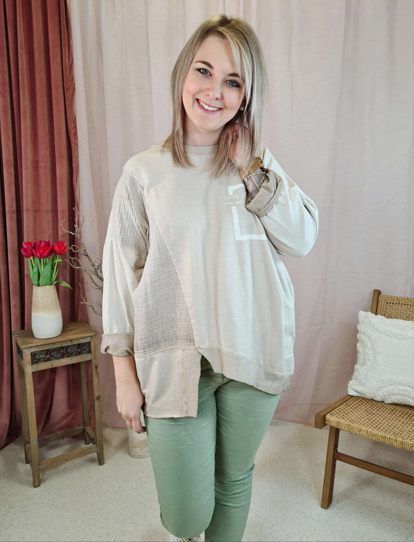  LONGSLEEVE SHIRT YOURSELF FIRST BEIGE 34-42 Made in Italy Langarm Pullover Vokuhila Musselin