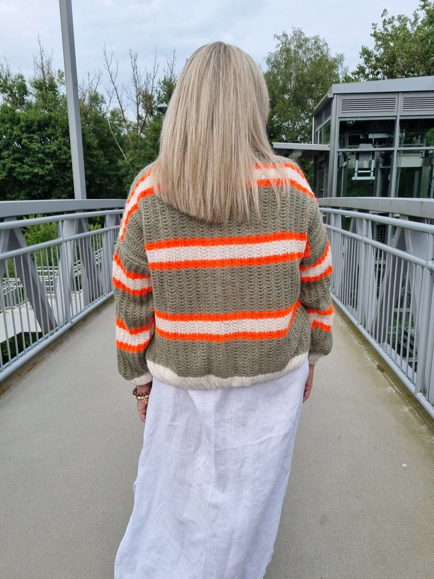 SHORT KNIT CARDIGAN MYKONOS STRIPES BUTTONS KHAKI ORANGE CREME kurze Strick Jacke Made in Italy Streifen Knöpfe 34-42 SHORT KNIT CARDIGAN MYKONOS STRIPES BUTTONS KHAKI ORANGE CREME kurze Strick Jacke Made in Italy Streifen Knöpfe 34-42