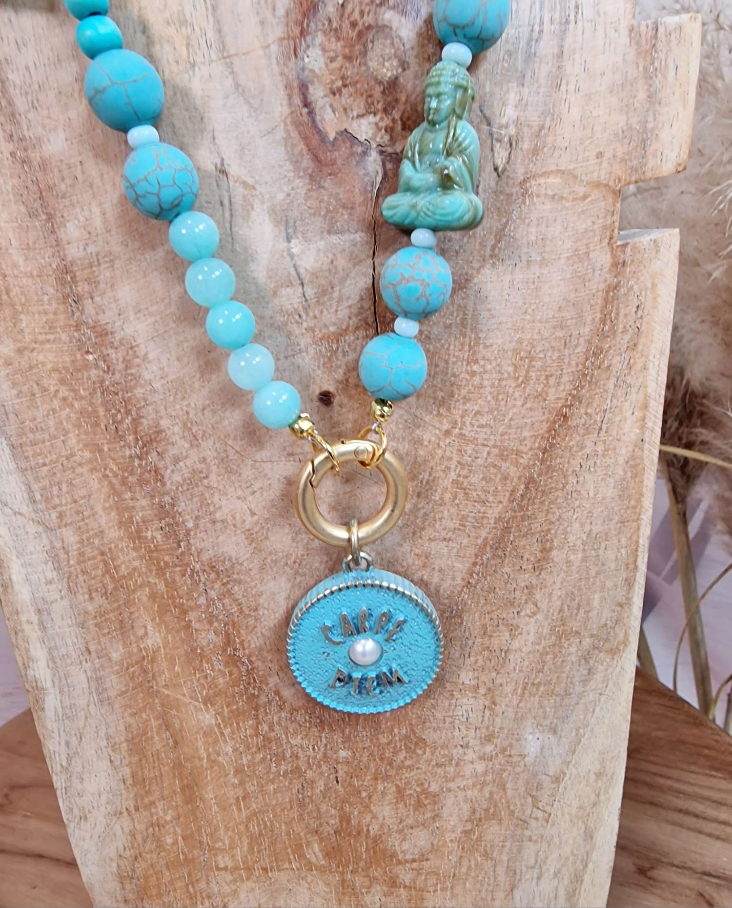 EXKLUSIVE LANGE PERLEN KETTE CARPE DIEM BUDDHA TÜRKIS Howlith Edelsteine