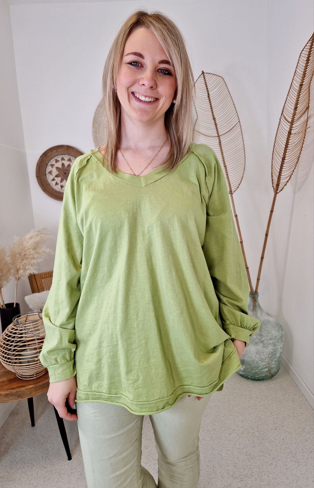 BASIC LONGSLEEVE SHIRT VERONIKA GRÜN 34-42 Made in Italy Langarm Pullover Vokuhila
