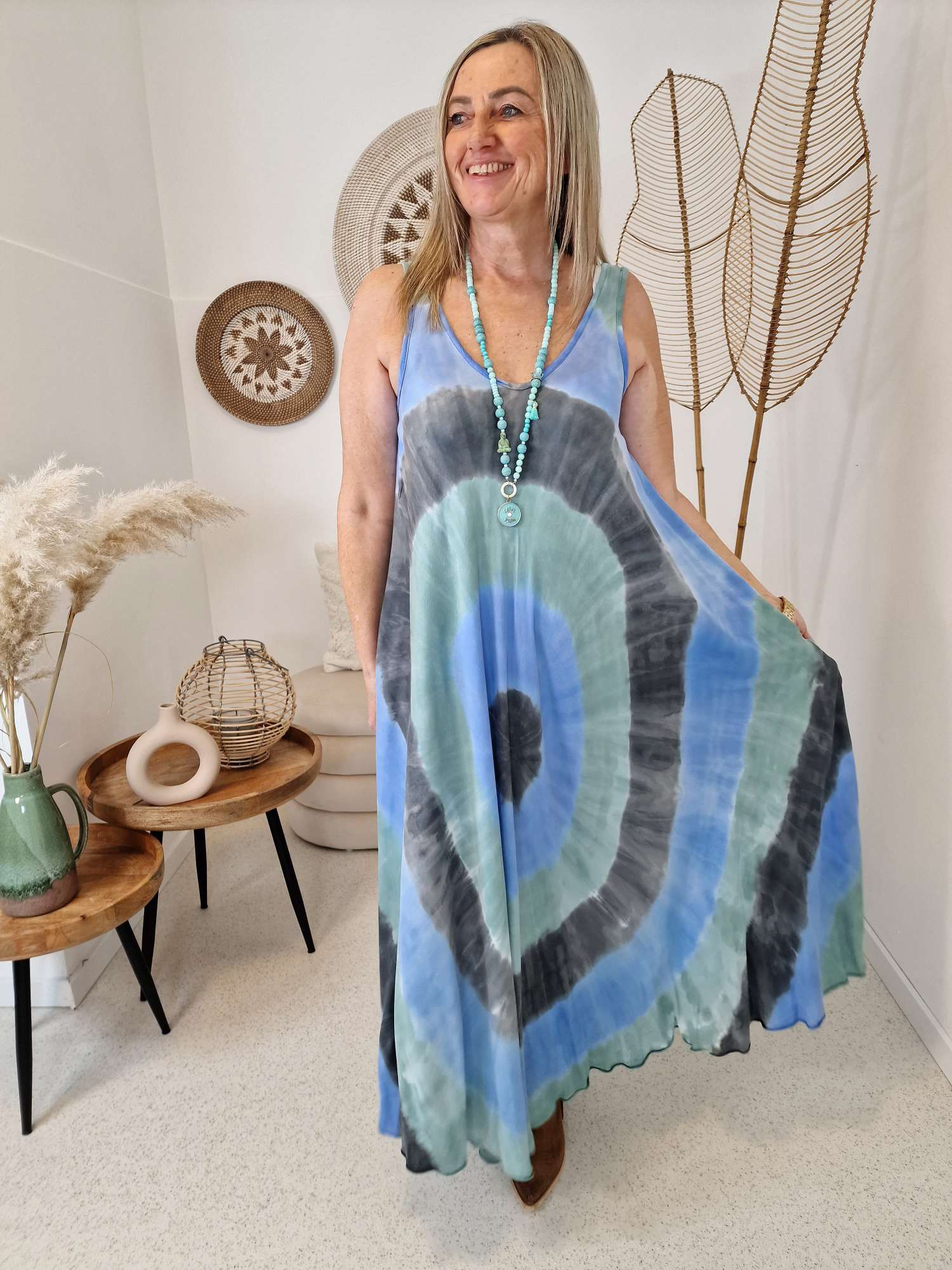 BATIK DRESS ANDY DUNKELBLAU 36-44 Made in Italy Maxi Sommer Kleid Strandkleid Tie Dye CIRCLE