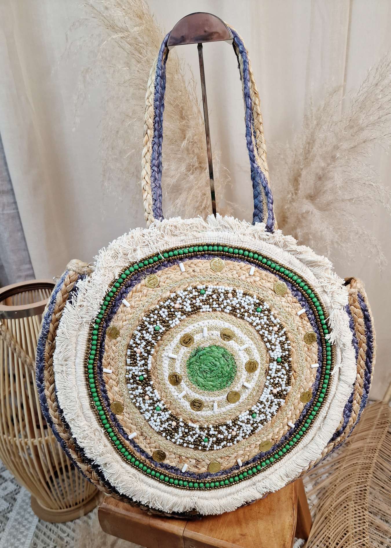 BOHO BAG KYLA RUND GRÜN Italy Design Bohemian Tasche Beach Bag Basttasche Strand