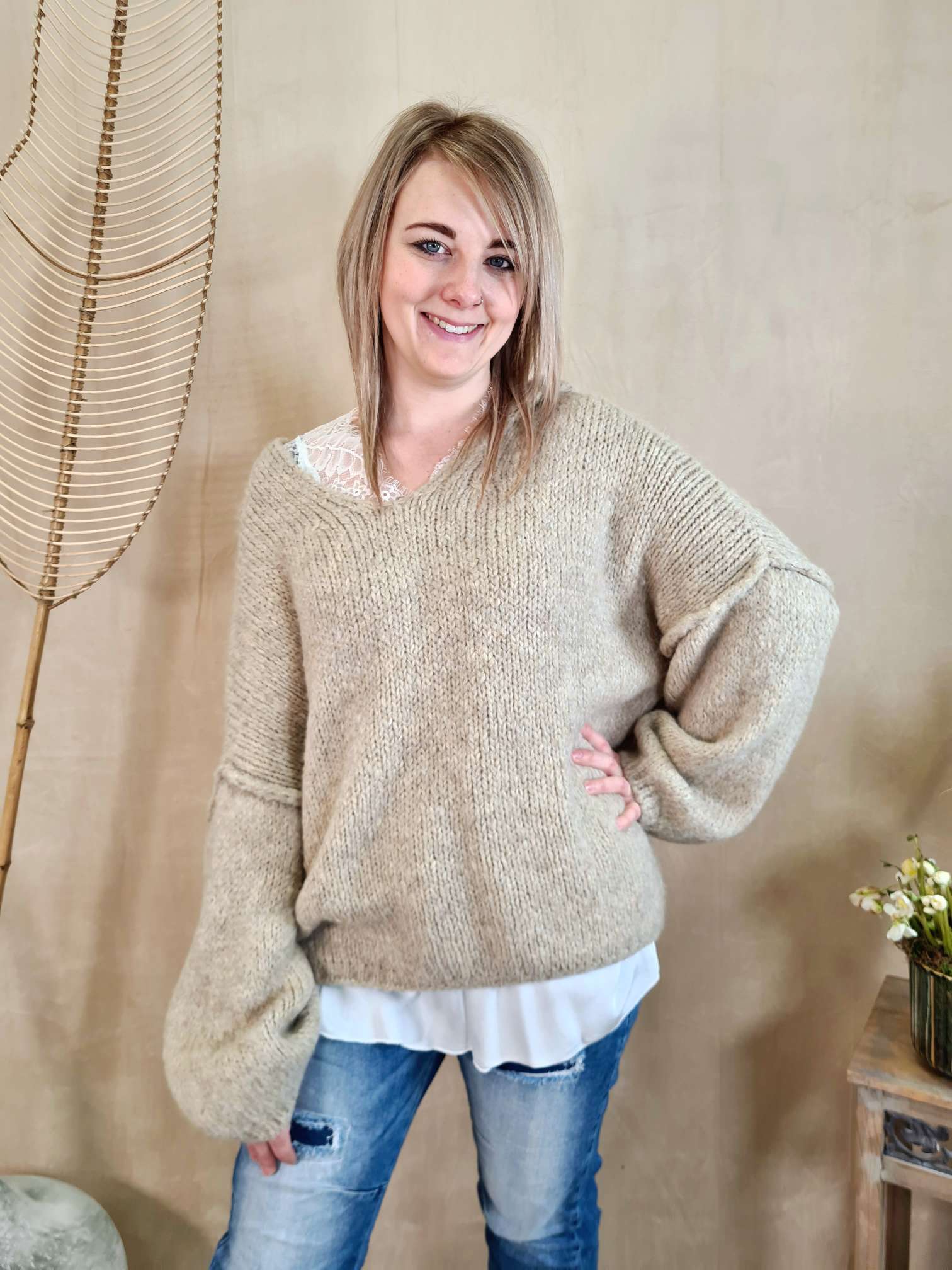 OVERSIZE KNIT SWEATER HOODIE MERVE BEIGE 36-42 Made in Italy Strickpullover Kapuze
