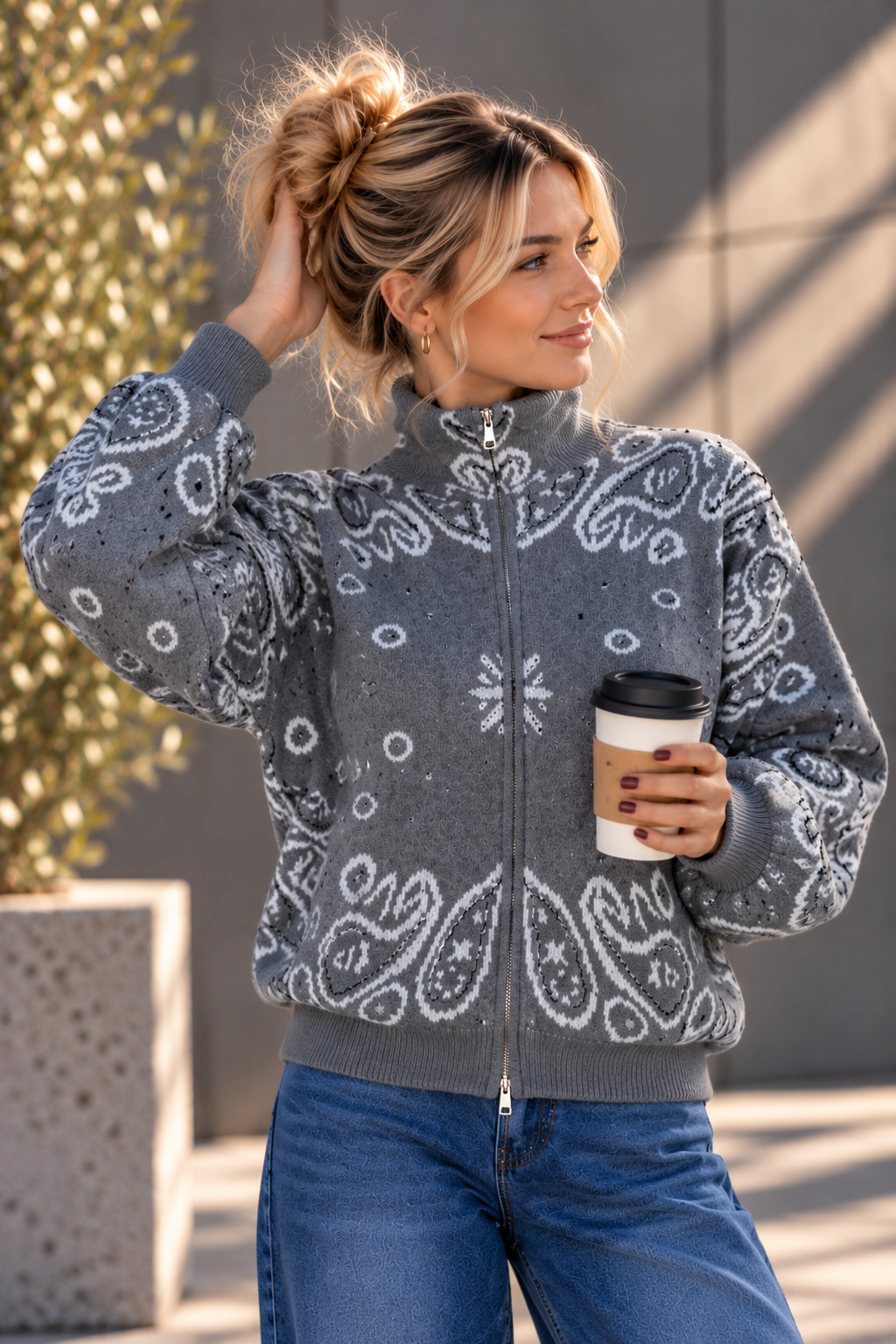 Zipper-Strickjacke mit Paisley-Muster SJ0165 I Made in Italy 34-40/42