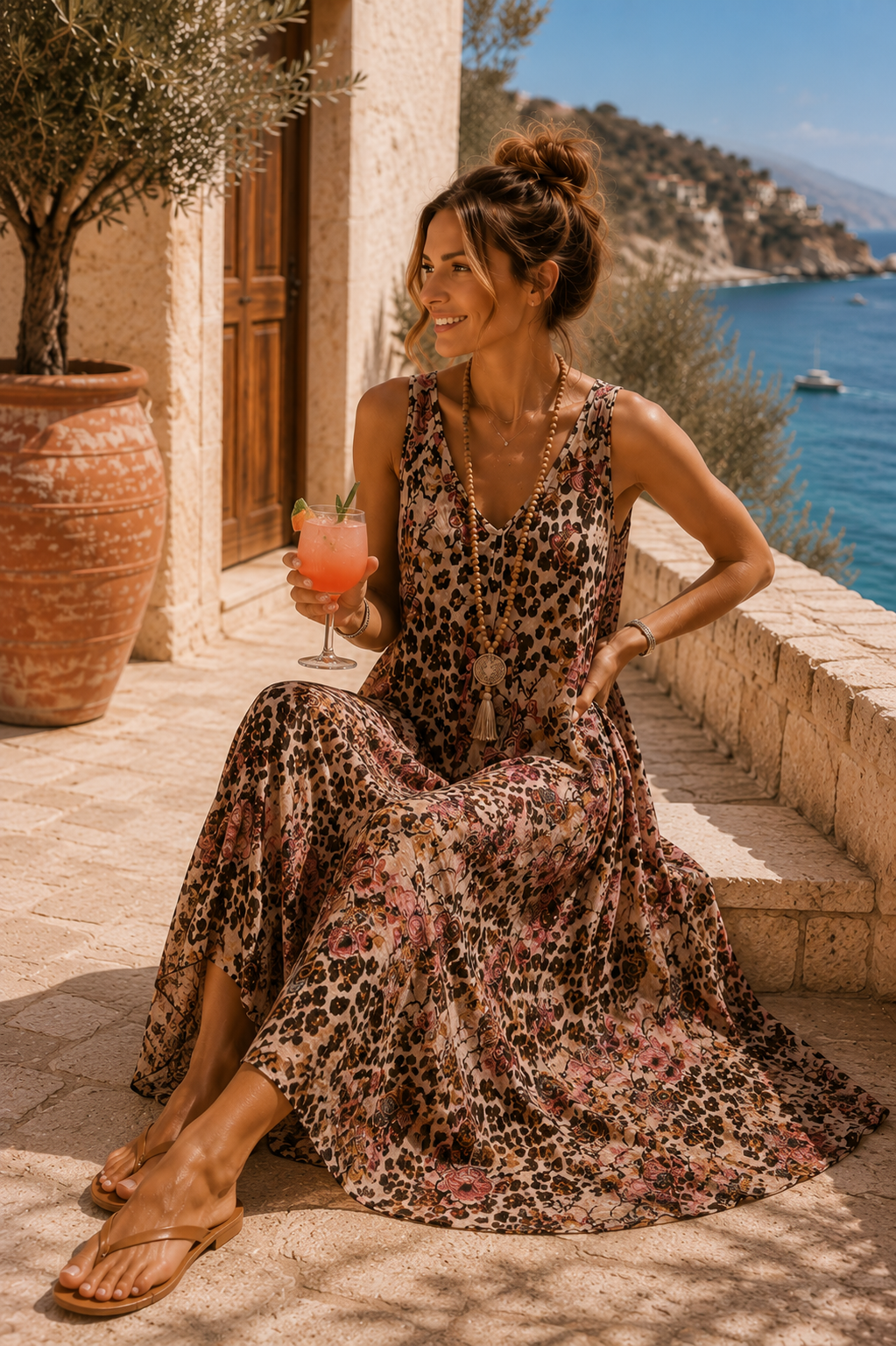 Maxikleid „Zawadi“ – Leo trifft Blütenzauber – Made in Italy  Trendiges Leo-Kleid mit Taschen | Passend bis Größe 42/44