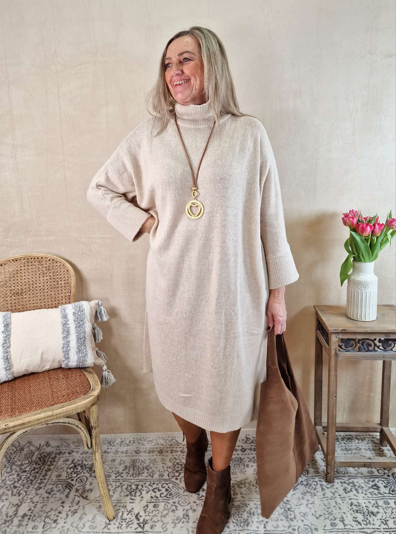 CASHMERE DRESS STELLA BEIGE 34-44 Made in Italy Strick Kleid Long Pullover CASHMERE DRESS STELLA BEIGE 34-44 Made in Italy Strick Kleid Long Pullover