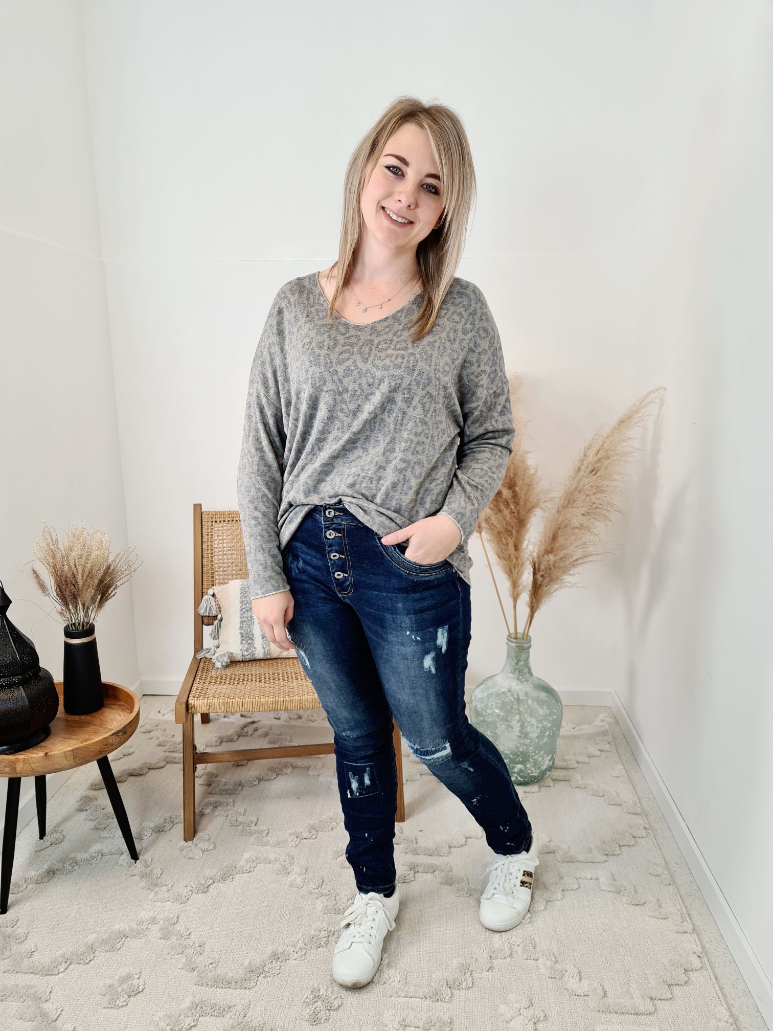 LIGHT KNIT LONGSLEEVE SHIRT IMELDA LEO  Basic Langarm Pullover Leopard Sweater Made in Italy 34-42 
