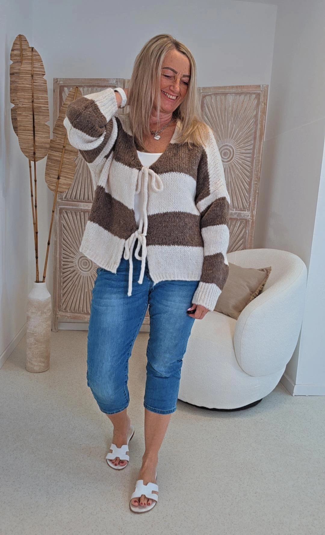 STRICKJACKE MIT BINDEBÄNDERN BLOCKSTREIFEN KEA 34-44 Made in Italy
