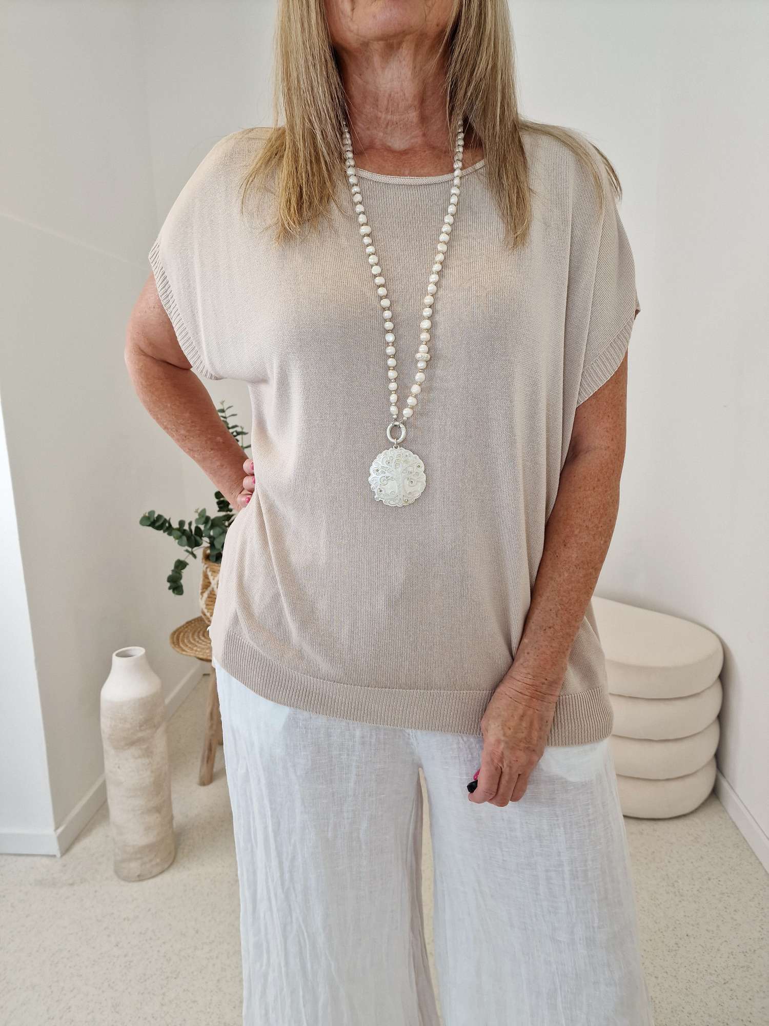 BASIC SHIRT CARRIE STRICK  BEIGE Made in Italy 36 -42 Pullover