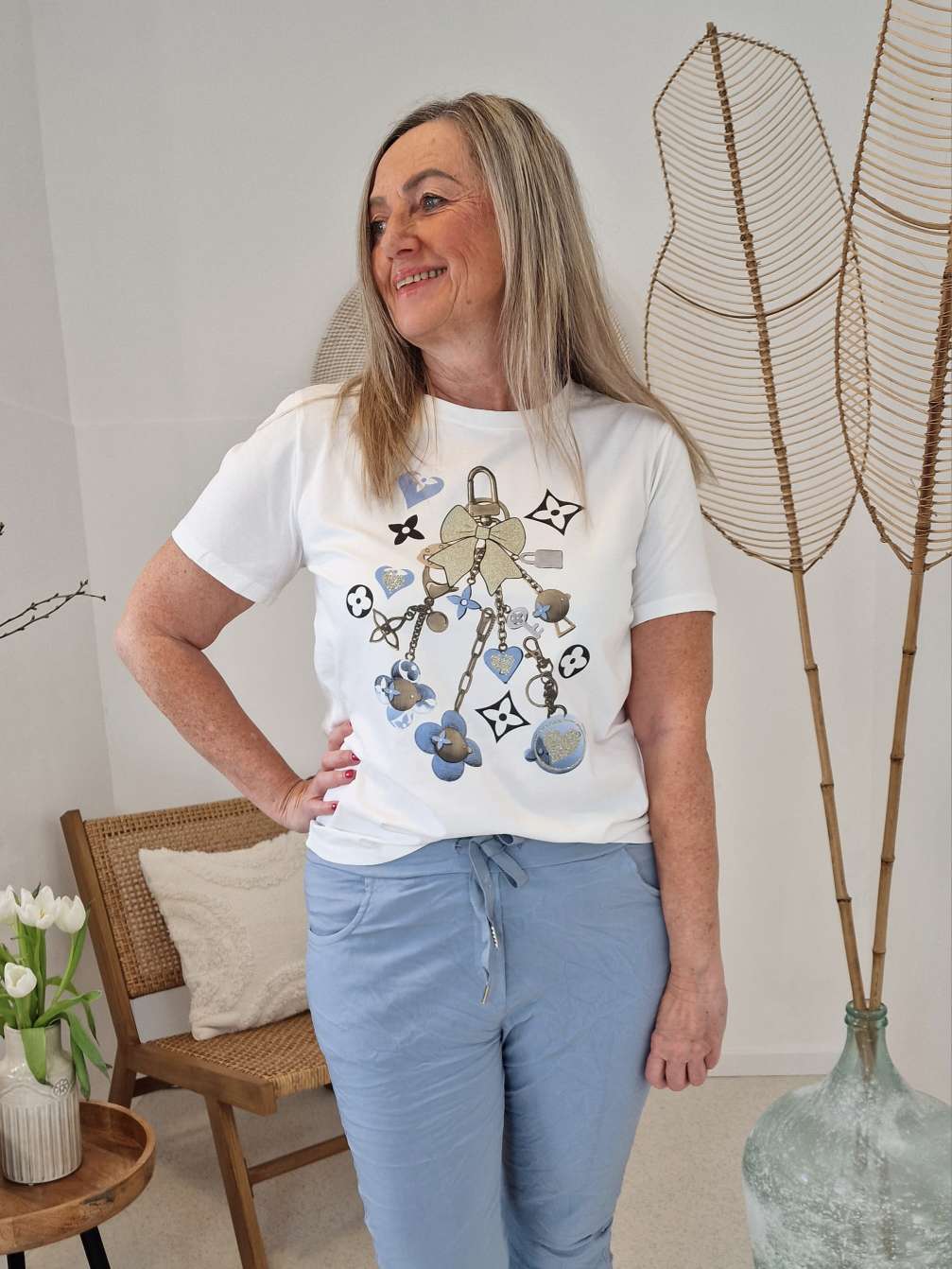 T-SHIRT GOLDEN RIBBON BLAU 34-40 Made in Italy Basic Kurzarm Shirt Oberteil WEISS