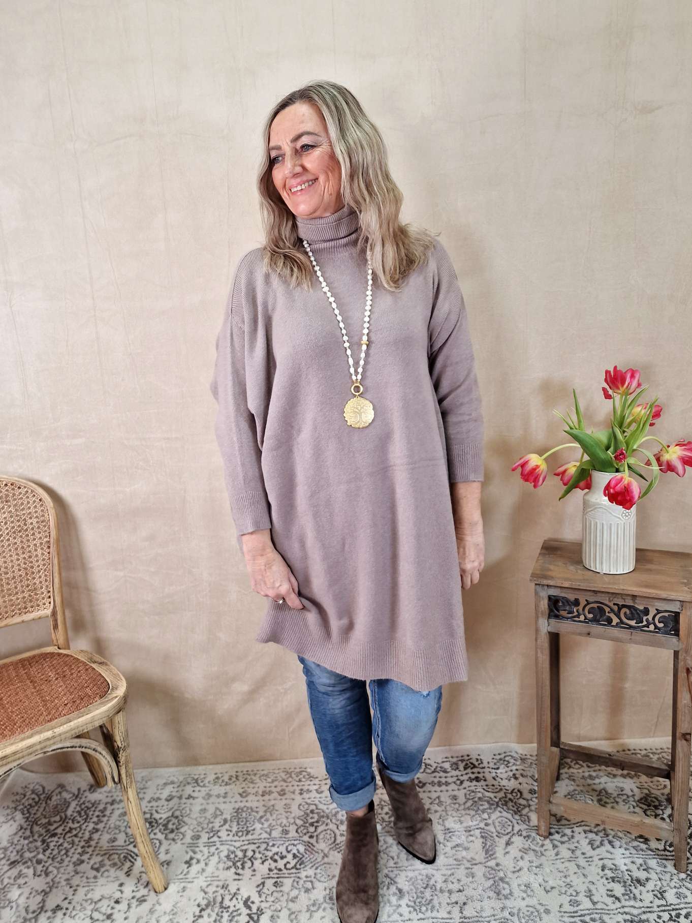 LIGHT KNIT DRESS EMILIA TAUPE 34-42 Made in Italy Strick Kleid Long Pullover LIGHT KNIT DRESS EMILIA TAUPE 34-42 Made in Italy Strick Kleid Long Pullover