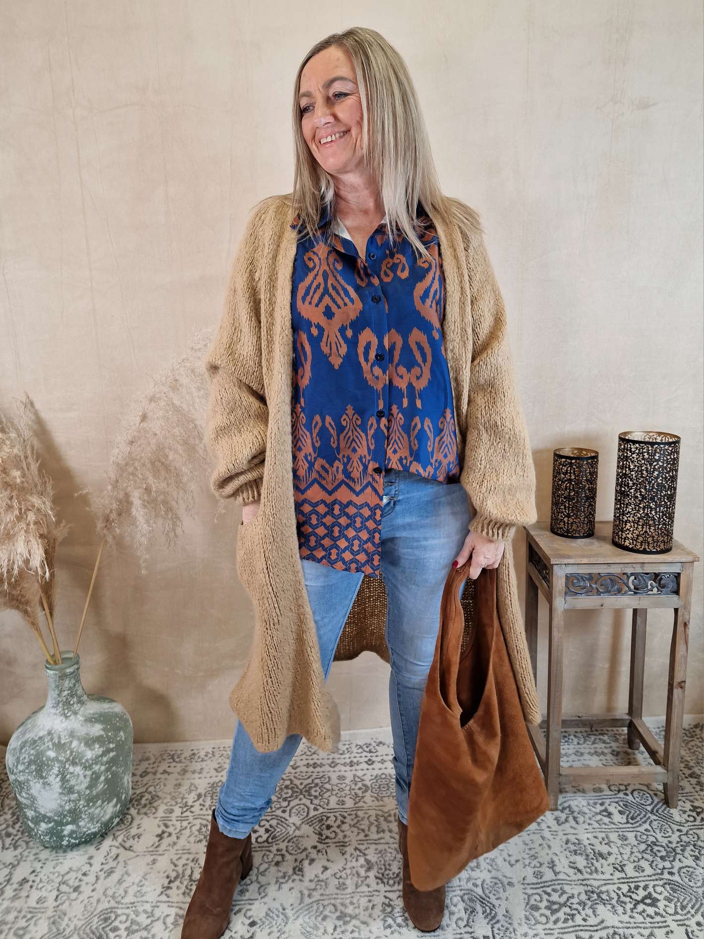 KNIT CARDIGAN VERA CAMEL 34-42  Made in Italy Strickjacke Strickmantel Mantel