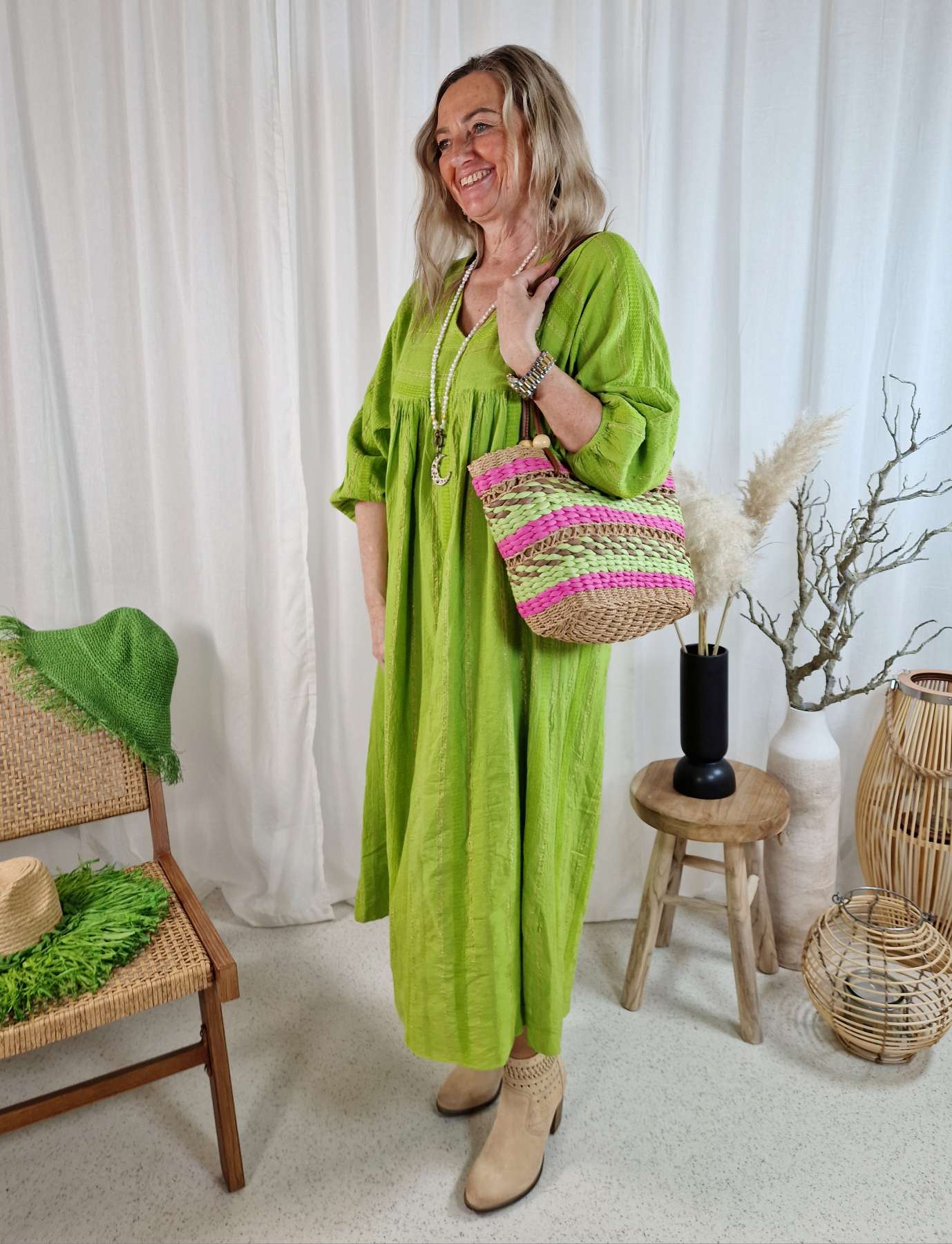 MAXI DRESS ANGELA GRÜN 34-42 Made in Italy langes Tunika Kleid Oversize Sommerkleid
