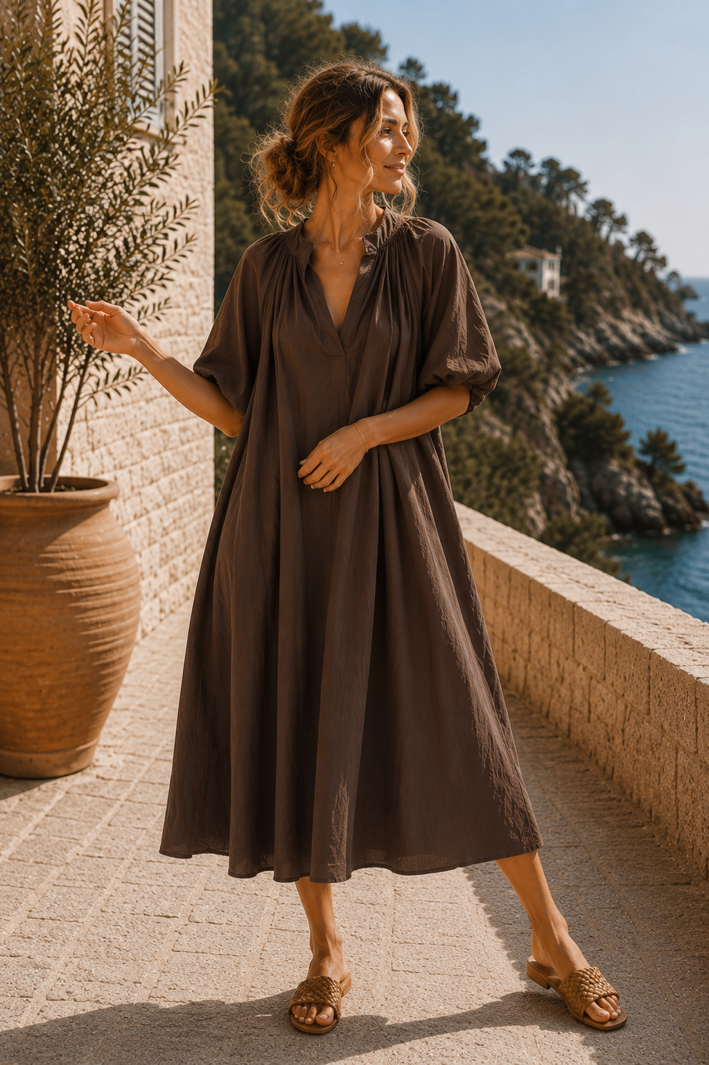 Kleid Kesia lang Tulpenärmel Uni Baumwolle Made in Italy 34-44/46