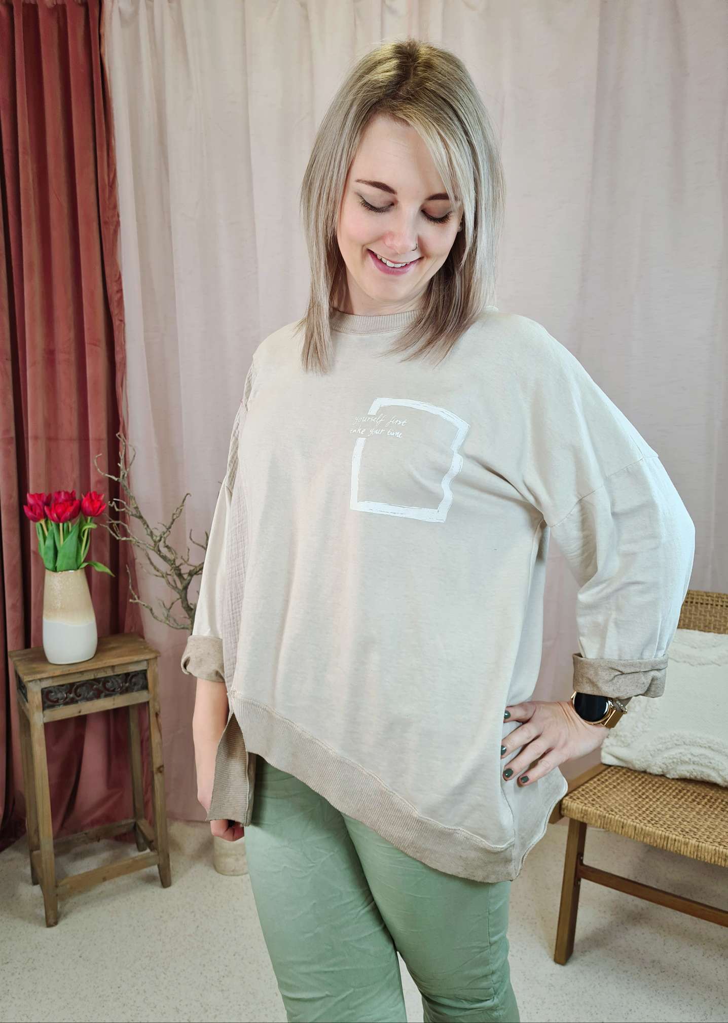  LONGSLEEVE SHIRT YOURSELF FIRST BEIGE 34-42 Made in Italy Langarm Pullover Vokuhila Musselin