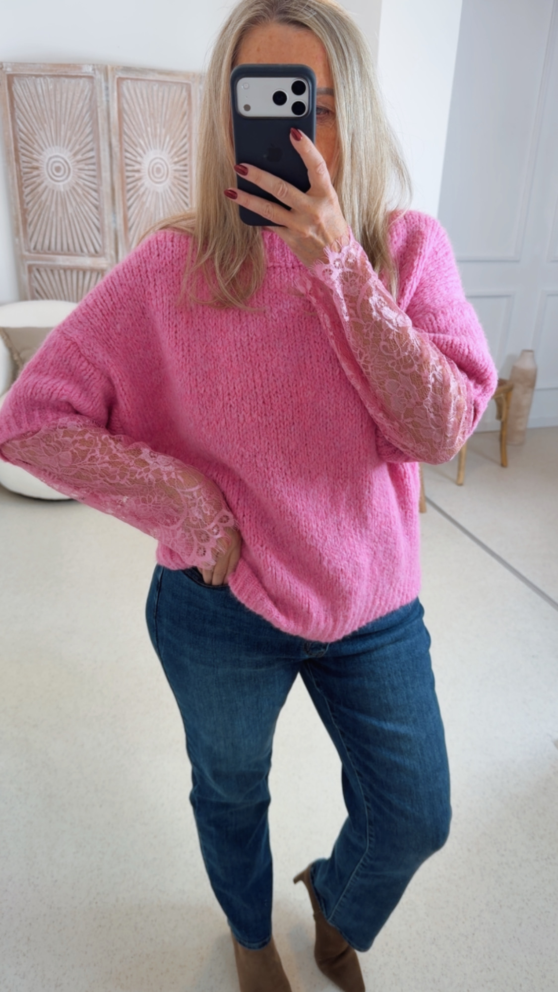 BASIC KNIT PULLOVER KIARA mit Spitze 34 - 44 Made in Italy Strickpullover