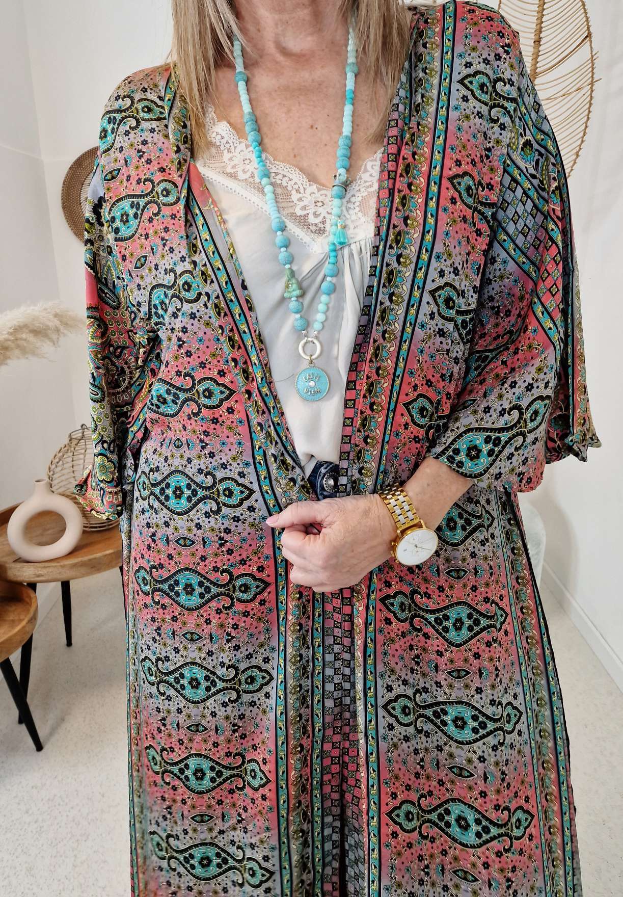 MAXI SILK KIMONO MALEDIVE MIT VOLANT PINK Seide Jacke Mantel Beach Sommer 34-40 Kaftan
