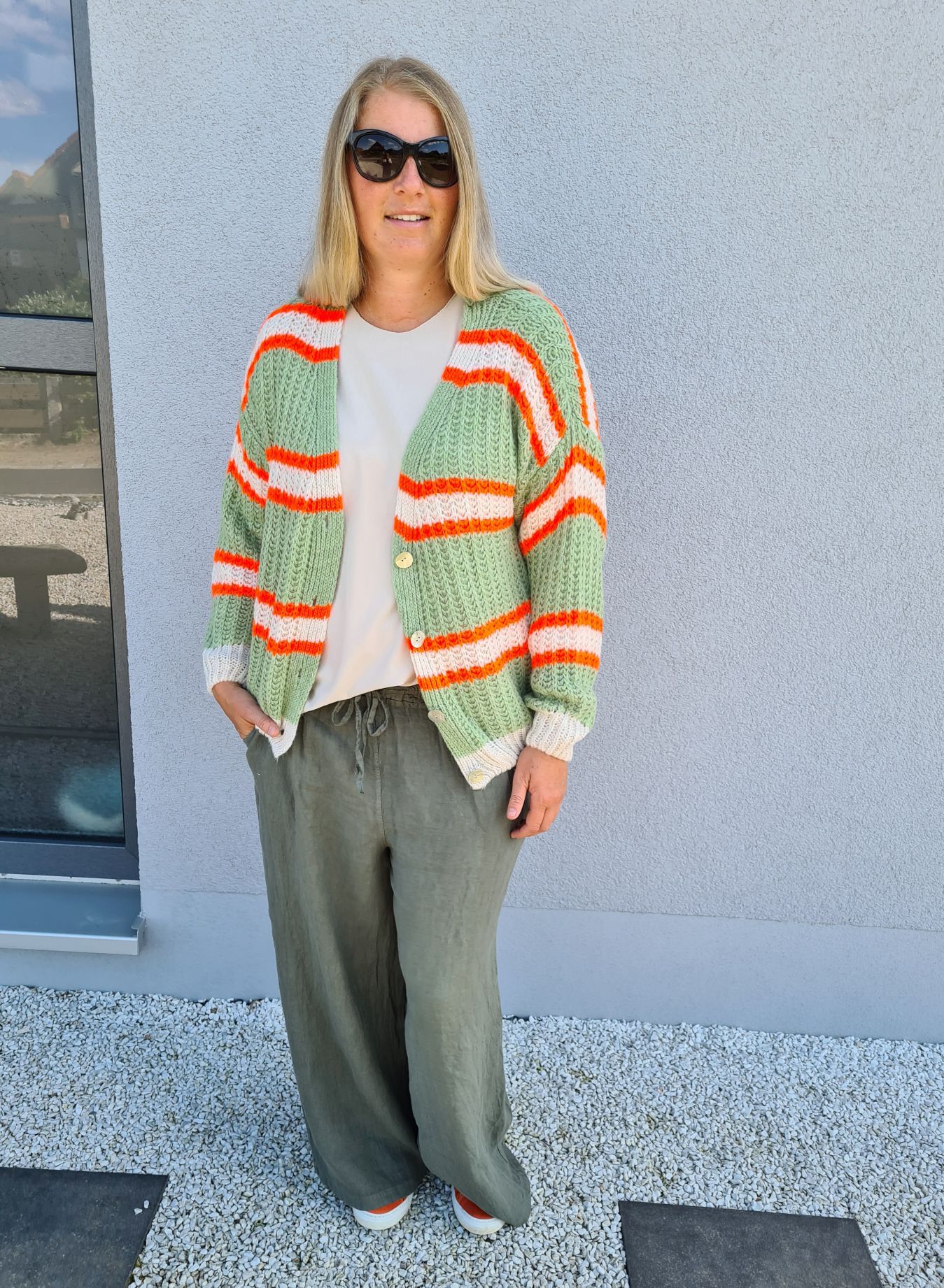 SHORT KNIT CARDIGAN MYKONOS STRIPES BUTTONS LIGHT GRÜN ORANGE CREME kurze Strick Jacke Made in Italy Streifen Knöpfe 34-42 SHORT KNIT CARDIGAN MYKONOS STRIPES BUTTONS LIGHT GRÜN ORANGE CREME kurze Strick Jacke Made in Italy Streifen Knöpfe 34-42