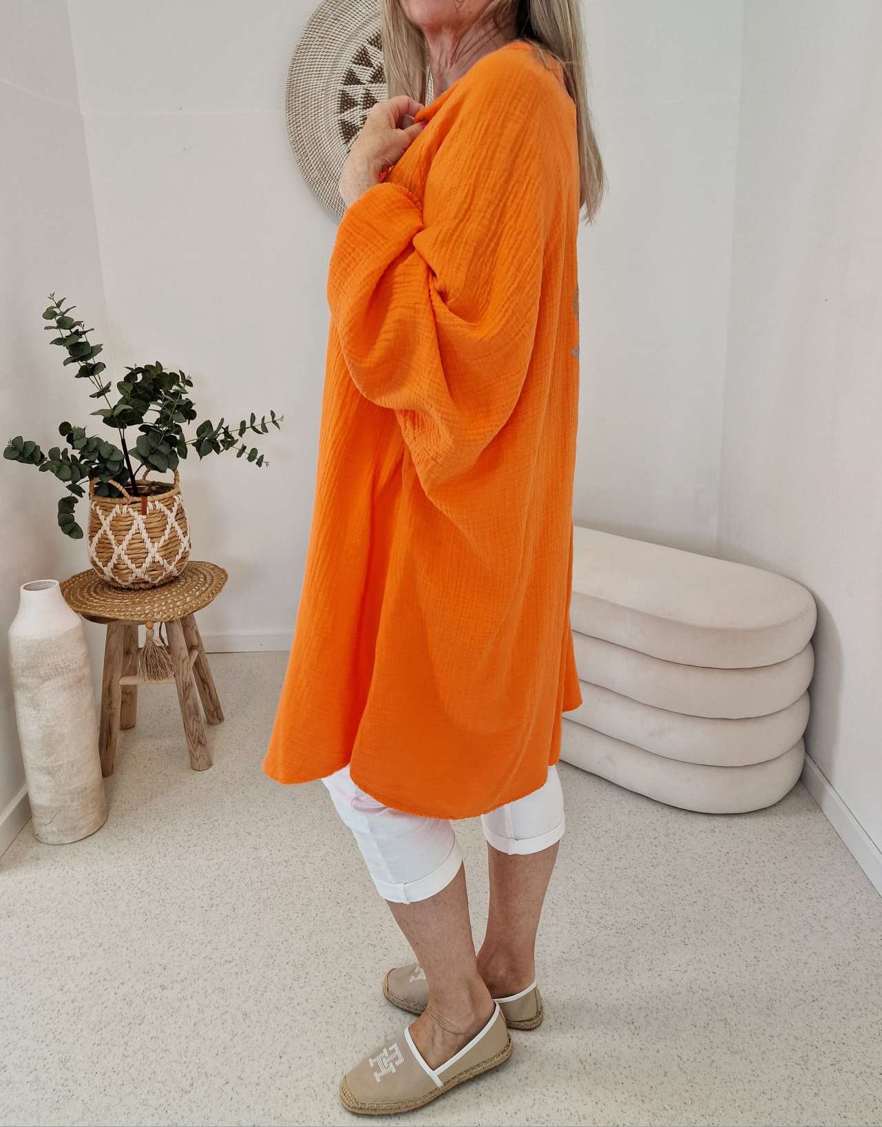 MUSSELIN OVERSIZE BLUSE BE CREATIVE ORANGE 34-42/44 Made in Italy Longbluse Kleid Tunika Shirt Blusenjacke MUSSELIN OVERSIZE BLUSE BE CREATIVE ORANGE 34-42/44 Made in Italy Longbluse Kleid Tunika Shirt Blusenjacke