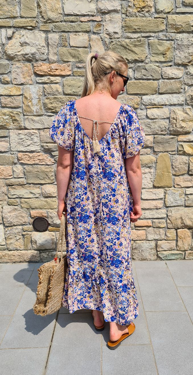 MAXI DRESS AURORA FLOWERS BLAU 34-42 Made in Italy langes Sommer Kleid Blumen MAXI DRESS AURORA FLOWERS BLAU 34-42 Made in Italy langes Sommer Kleid Blumen
