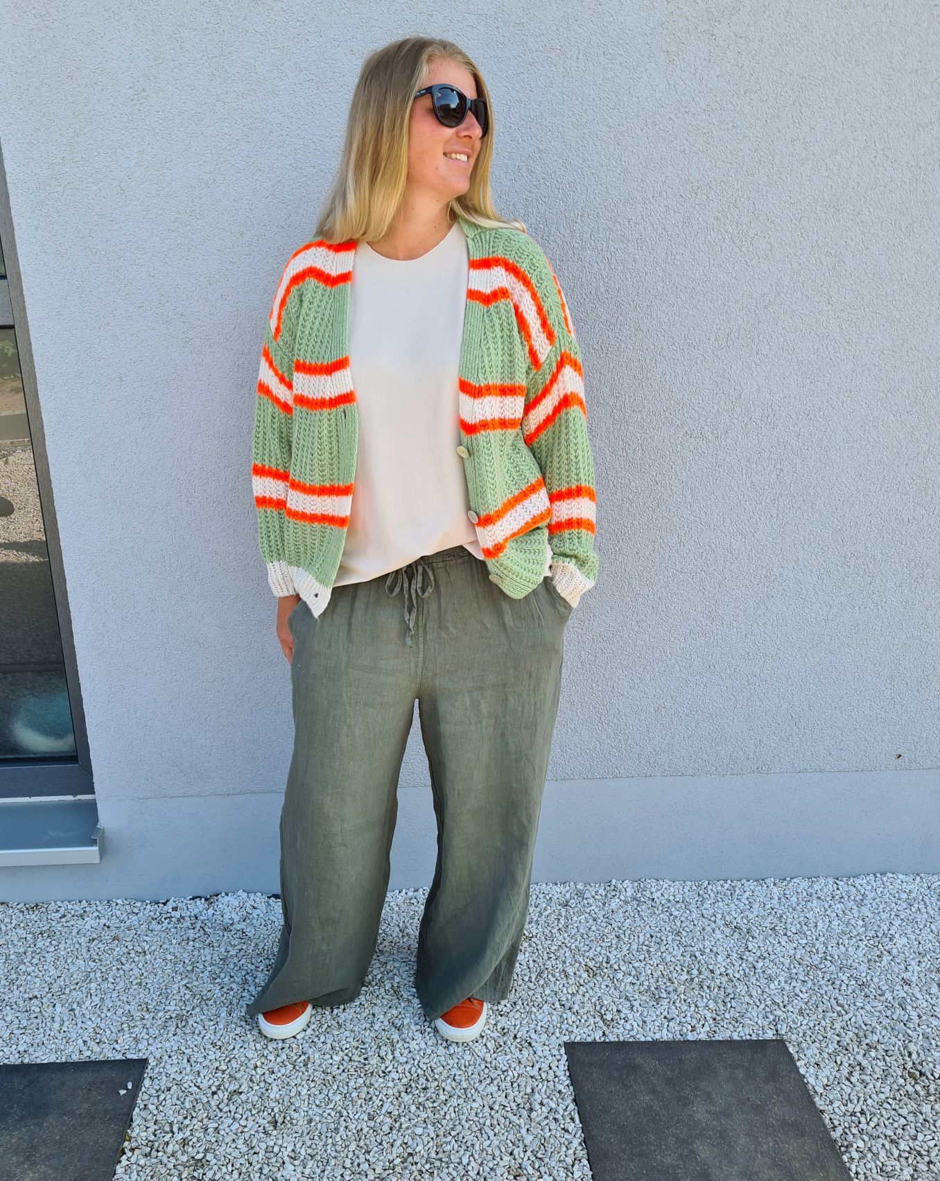 SHORT KNIT CARDIGAN MYKONOS STRIPES BUTTONS LIGHT GRÜN ORANGE CREME kurze Strick Jacke Made in Italy Streifen Knöpfe 34-42 SHORT KNIT CARDIGAN MYKONOS STRIPES BUTTONS LIGHT GRÜN ORANGE CREME kurze Strick Jacke Made in Italy Streifen Knöpfe 34-42