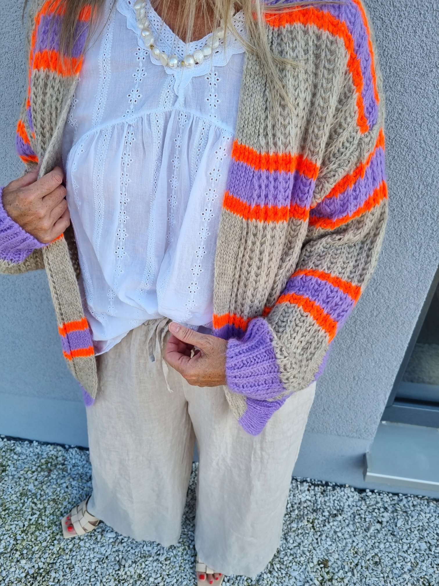 SHORT KNIT CARDIGAN MYKONOS STRIPES BEIGE FLIEDER ORANGE kurze Strick Jacke Made in Italy Streifen 34-42 SHORT KNIT CARDIGAN MYKONOS STRIPES BEIGE FLIEDER ORANGE kurze Strick Jacke Made in Italy Streifen 34-42