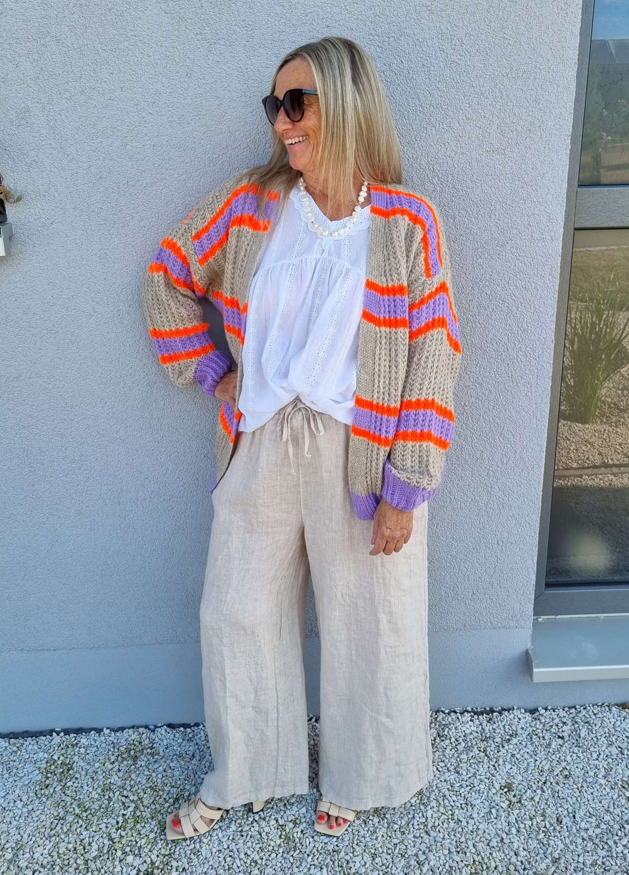 SHORT KNIT CARDIGAN MYKONOS STRIPES BEIGE FLIEDER ORANGE kurze Strick Jacke Made in Italy Streifen 34-42 SHORT KNIT CARDIGAN MYKONOS STRIPES BEIGE FLIEDER ORANGE kurze Strick Jacke Made in Italy Streifen 34-42