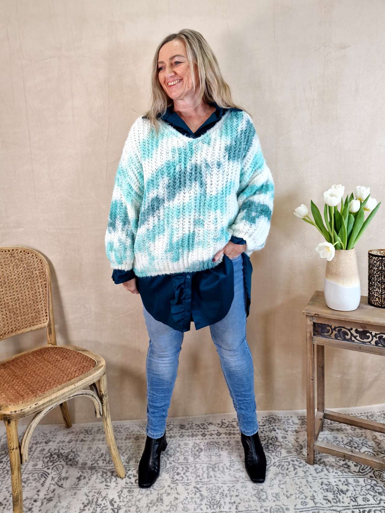 KNIT SWEATER SVENJA BATIK TÜRKIS Strickpullover Pullover 34-42 Oversize Made in Italy versch. Farben KNIT SWEATER SVENJA BATIK TÜRKIS Strickpullover Pullover 34-42 Oversize Made in Italy versch. Farben