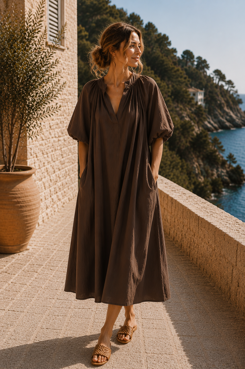 Kleid Kesia lang Tulpenärmel Uni Baumwolle Made in Italy 34-44/46