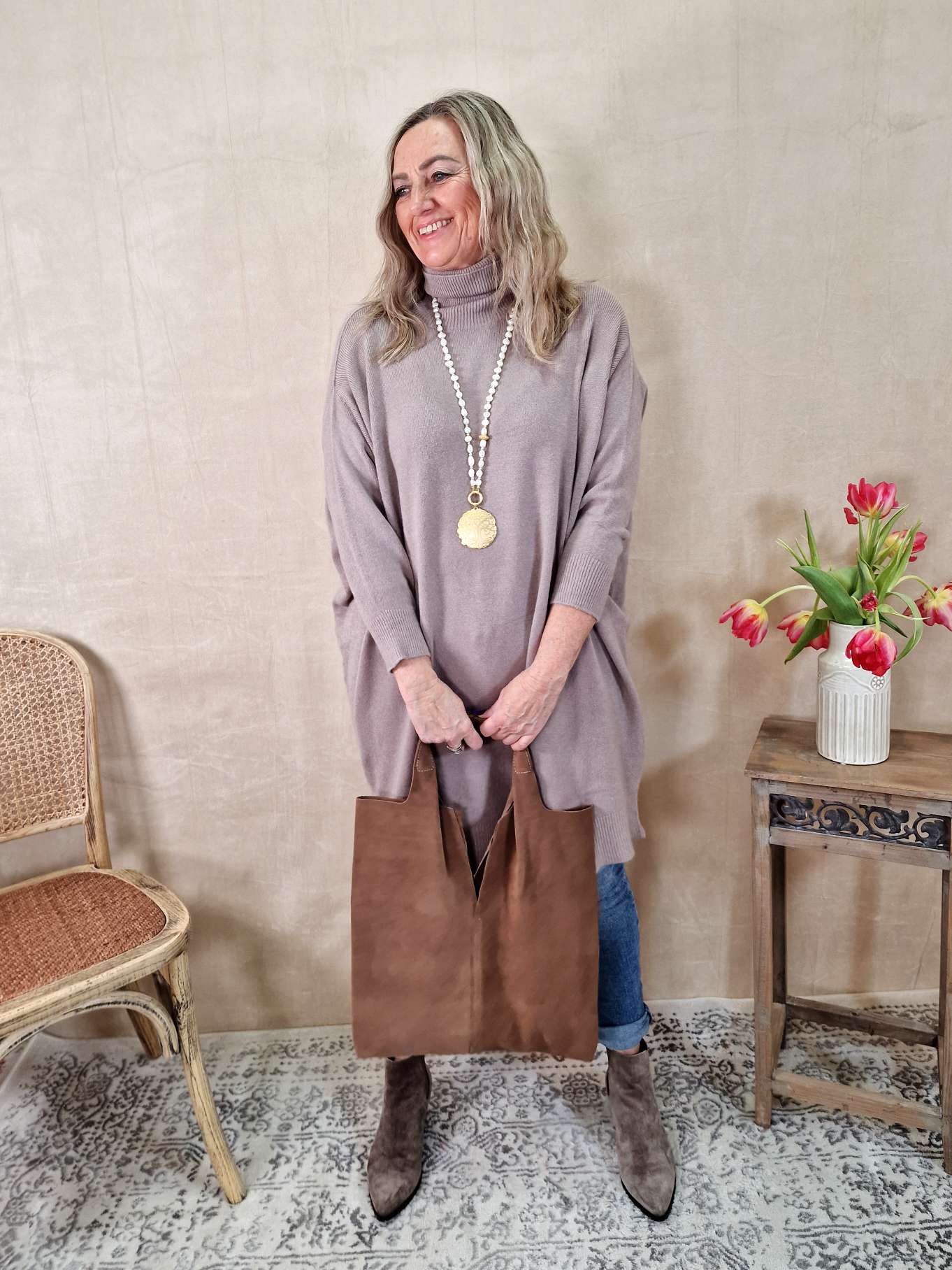 LIGHT KNIT DRESS EMILIA TAUPE 34-42 Made in Italy Strick Kleid Long Pullover LIGHT KNIT DRESS EMILIA TAUPE 34-42 Made in Italy Strick Kleid Long Pullover