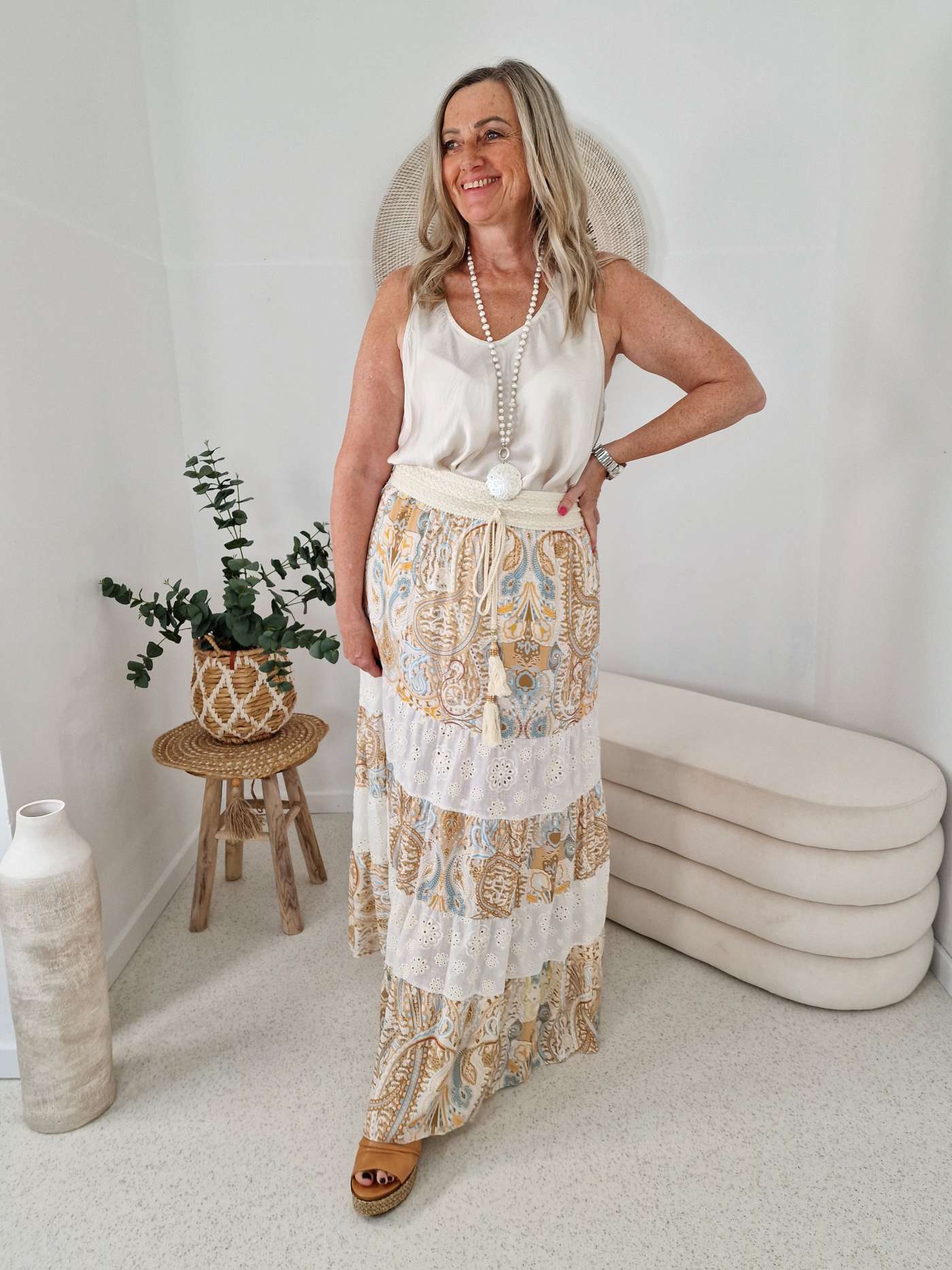 BOHO SKIRT RAHEL BEIGE 34-40 Made in Italy Maxi Rock Bohemian Damenrock