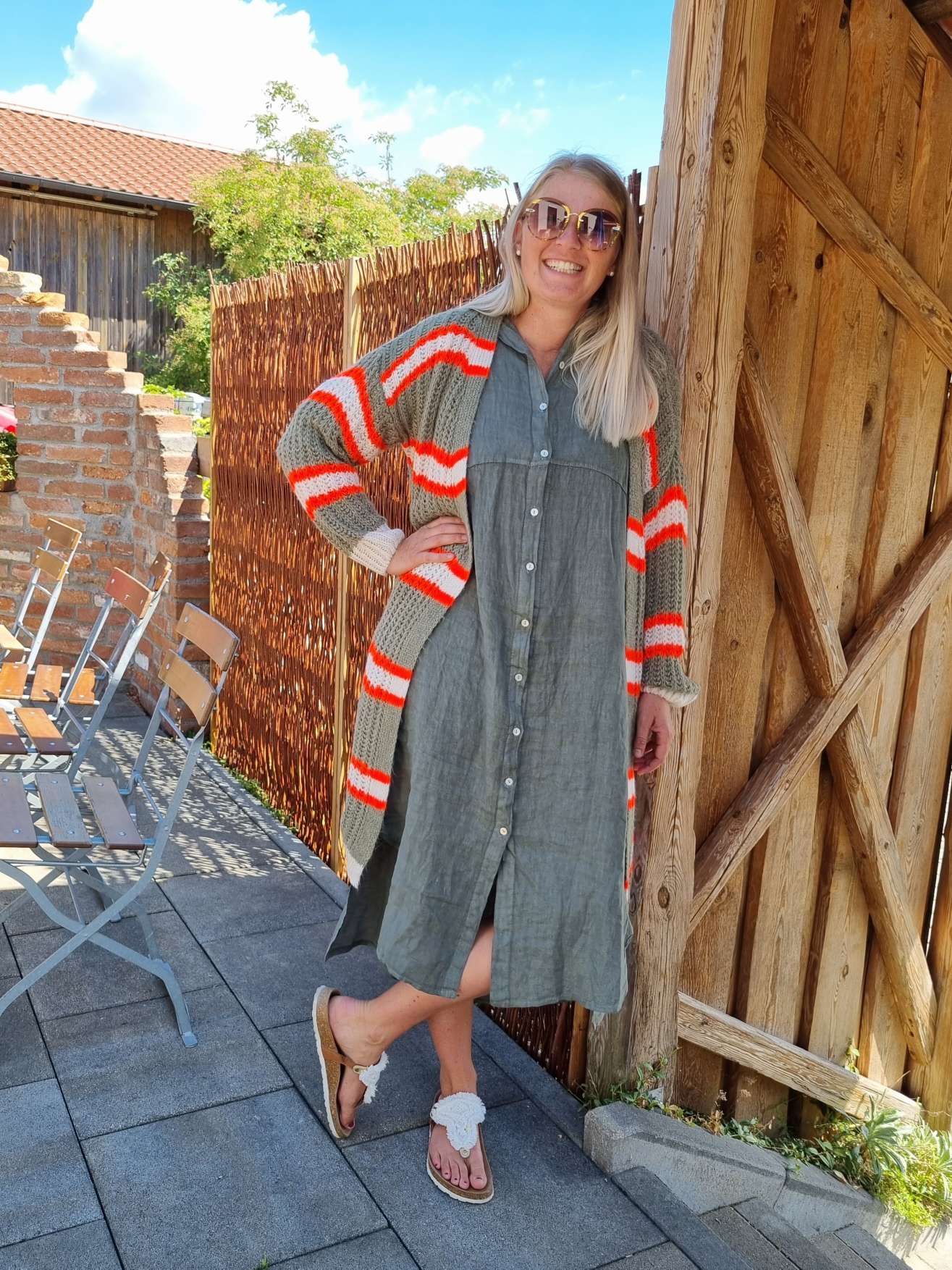 LONG KNIT CARDIGAN MYKONOS STRIPES KHAKI ORANGE CREME langer Strick Mantel Jacke Made in Italy Streifen 34-42 LONG KNIT CARDIGAN MYKONOS STRIPES KHAKI ORANGE CREME langer Strick Mantel Jacke Made in Italy Streifen 34-42