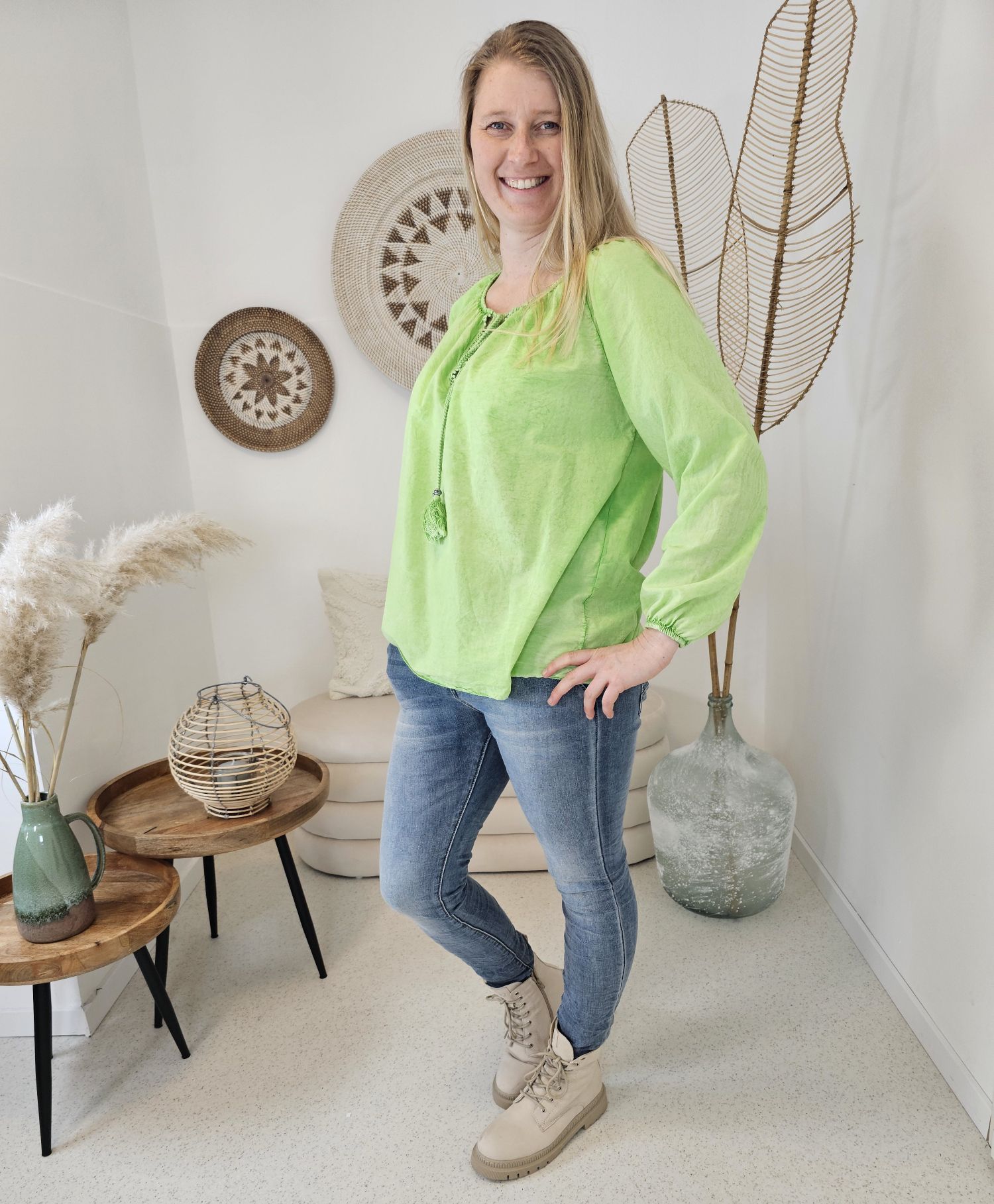 BLUSE SHANIA GRÜN 34-42 Made in Italy Oversize Shirt Hemd Schlupfbluse Off-Shoulder
