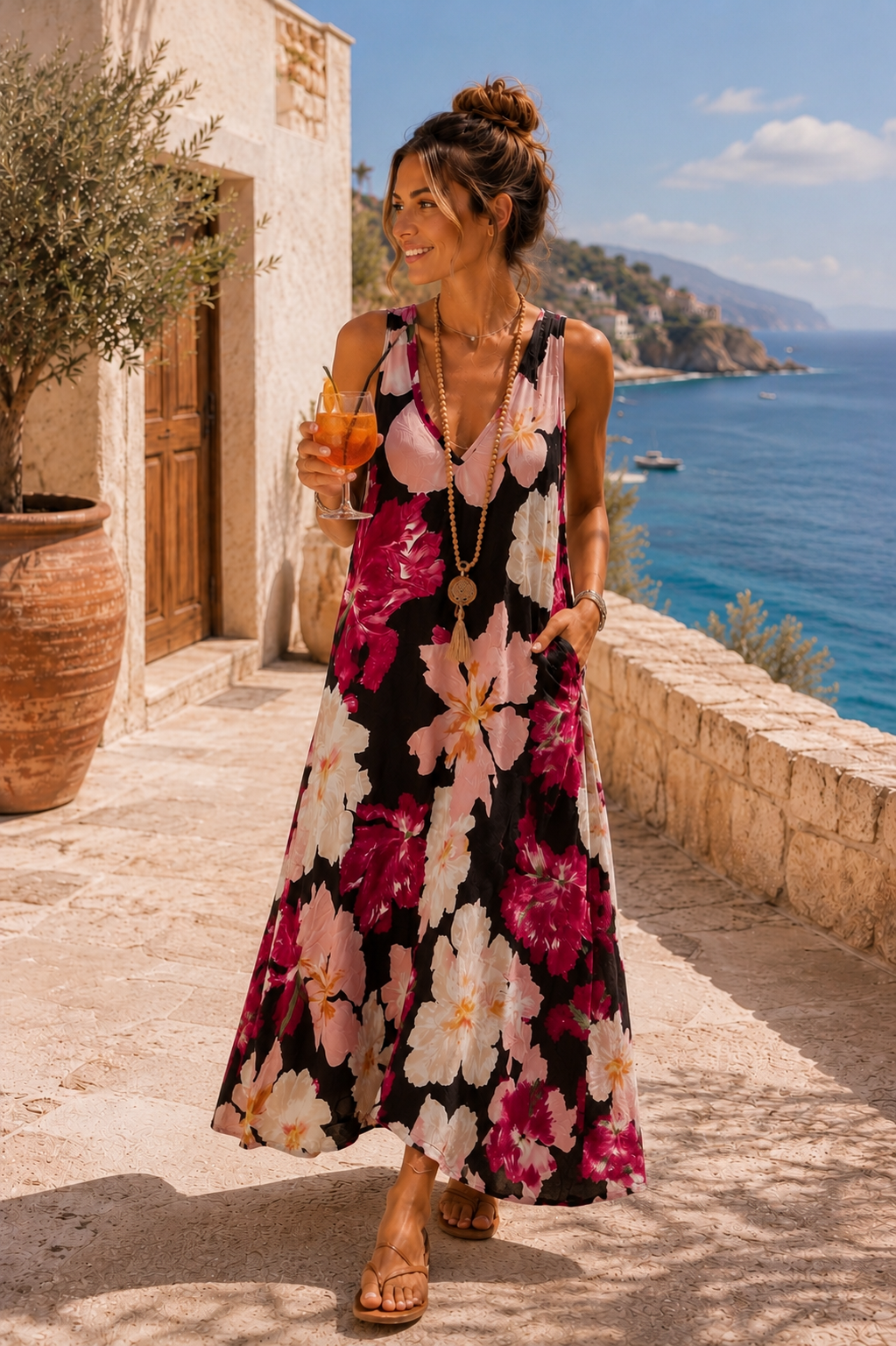 Maxikleid Bali – Made in Italy  Trendiges Leo-Kleid mit Taschen | Passend bis Größe 42/44