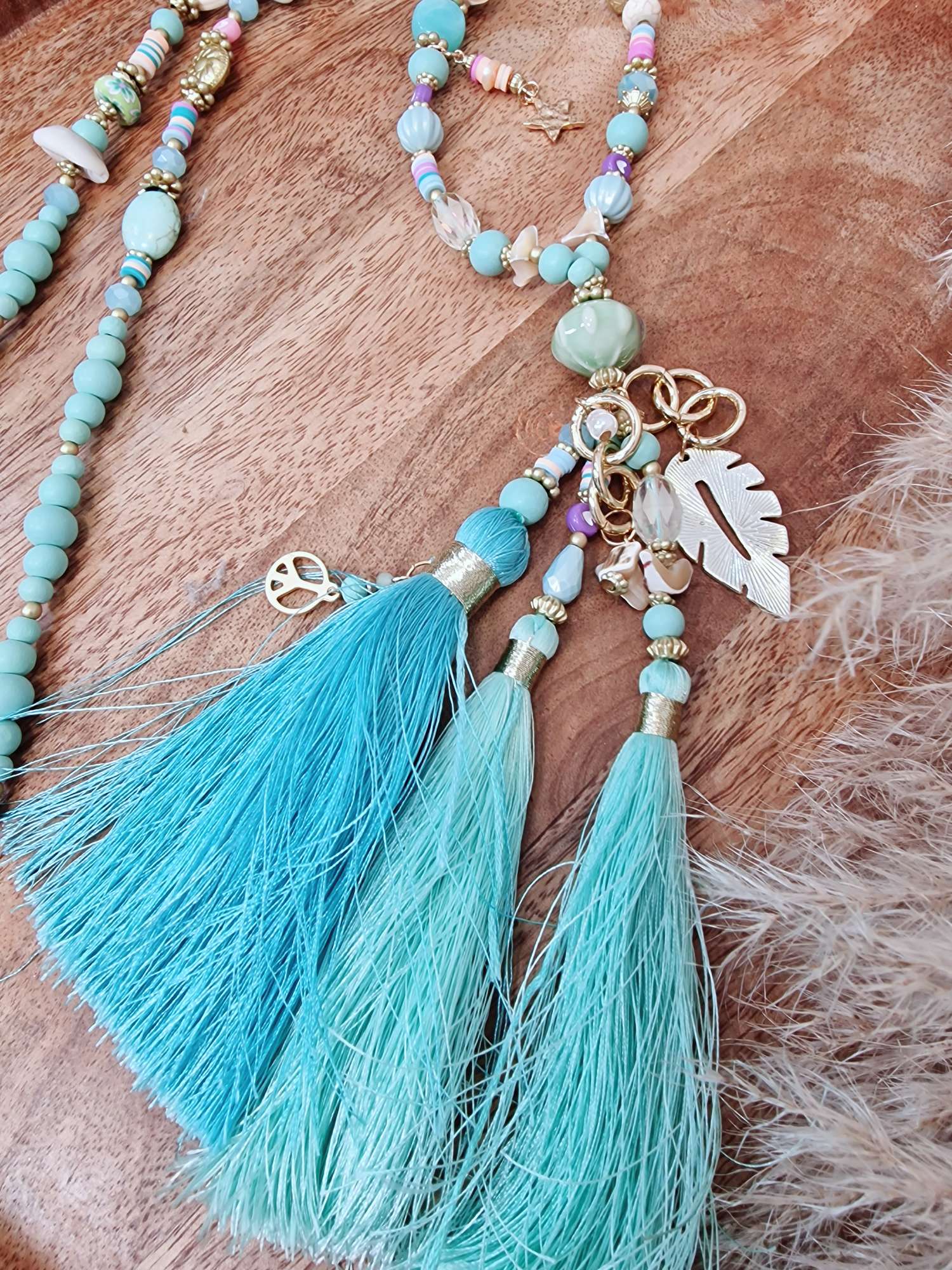 LANGE PERLENKETTE MARTHA TÜRKIS Italy Design Goldfarbig Necklace Halskette Boho Bohemian
