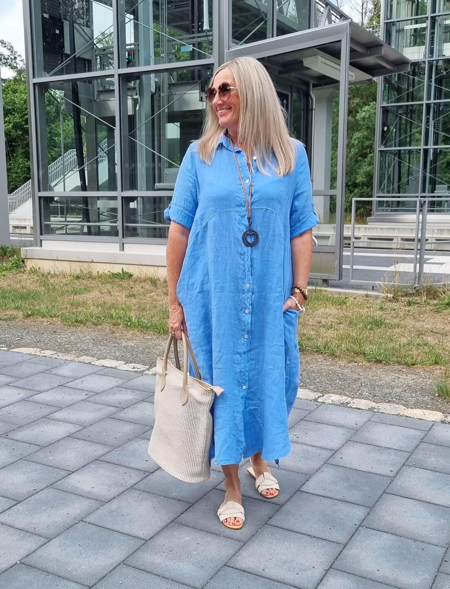 LINEN DESS WILMA DENIM BLAU 34-42 Made in Italy Leinen Kleid Long Bluse Mantel LINEN DESS WILMA DENIM BLAU 34-42 Made in Italy Leinen Kleid Long Bluse Mantel