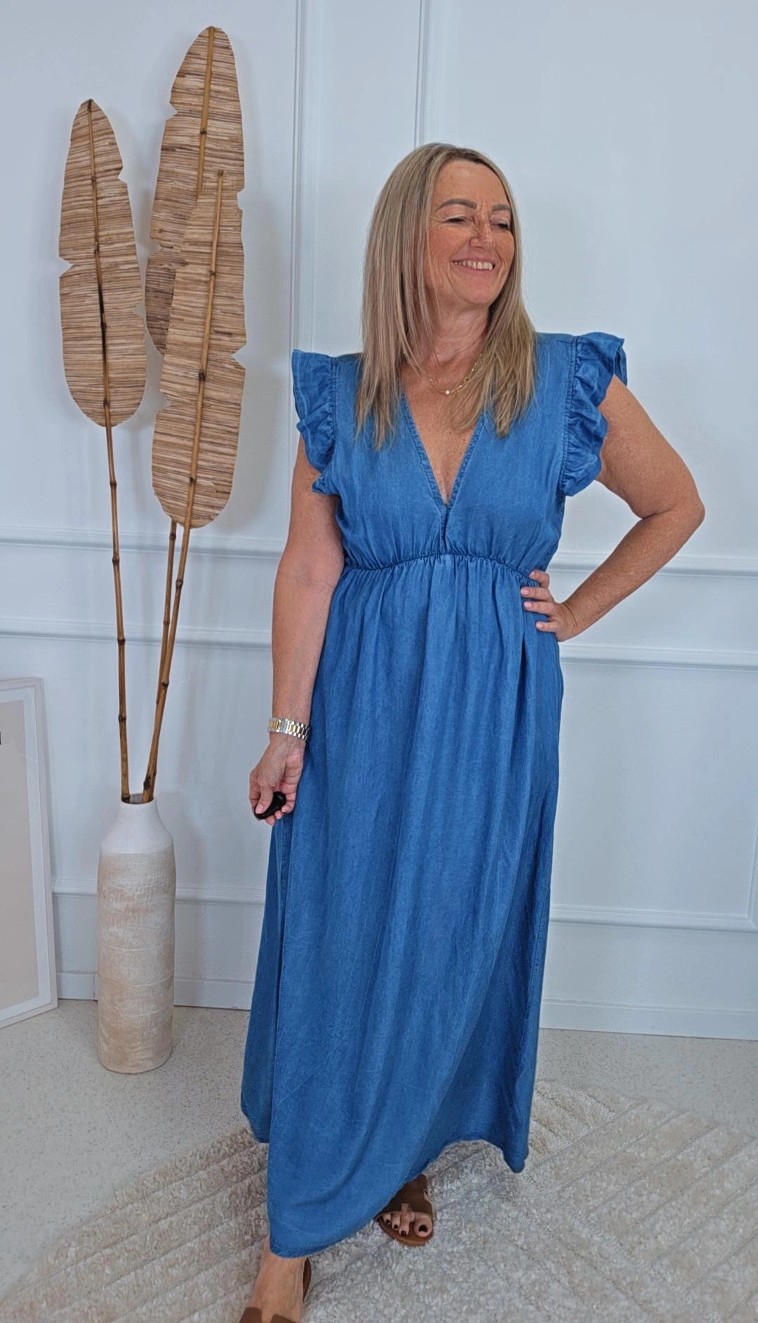 JEANSKLEID KLEID ZOE LYOCELL 34 - 42 Made in Italy ärmellos Rüsche