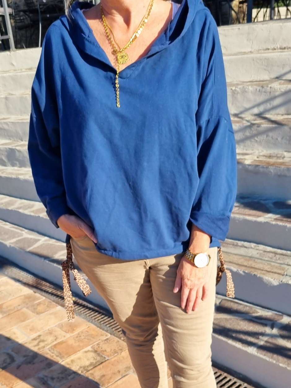 HOODIE NAOMI BLAU Sweater Kapuze Made in Italy 34-42 Longsleeve Pullover LEO Leopard HOODIE NAOMI BLAU Sweater Kapuze Made in Italy 34-42 Longsleeve Pullover LEO Leopard