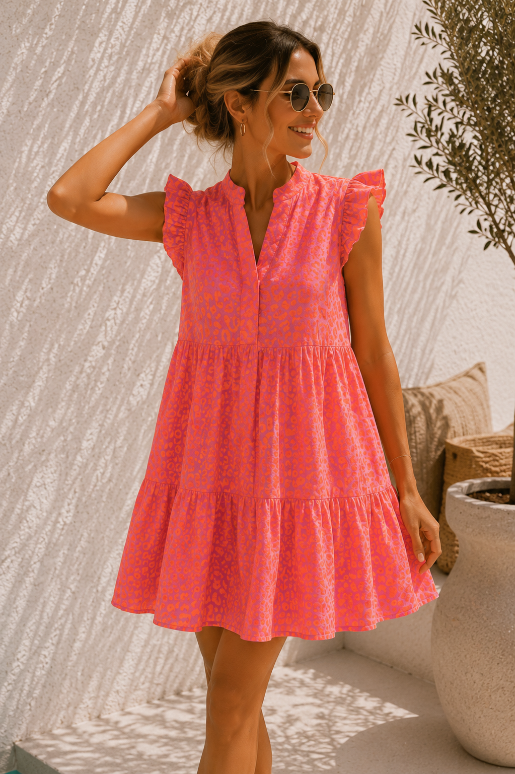 LEO MUSSELIN KLEID TAMI ROSA NEONORANGE kurz Rüschen 34 - 42
