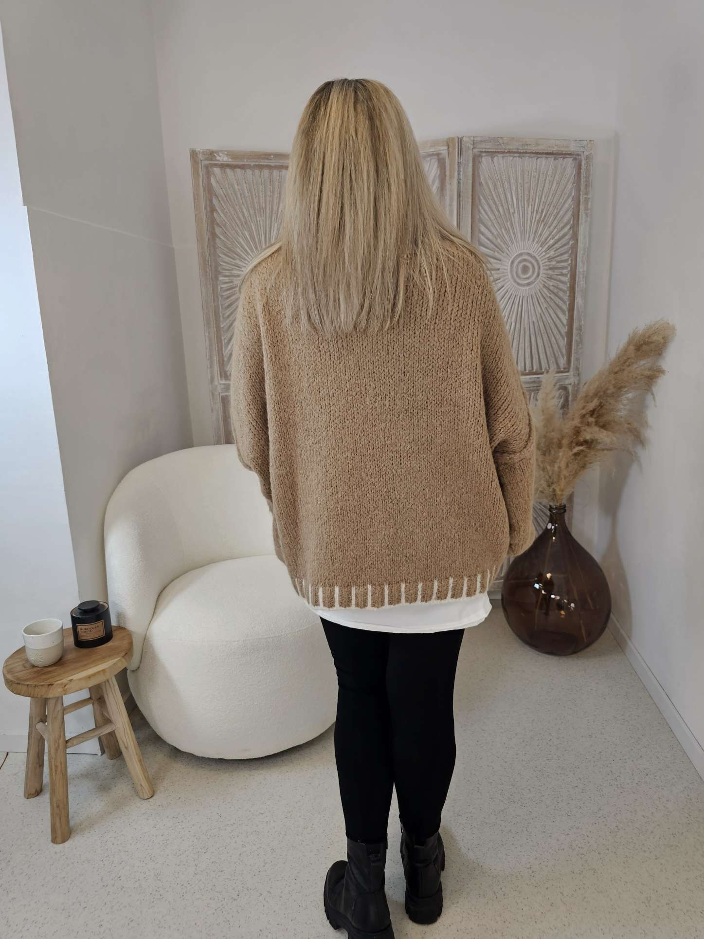COZY KNIT SWEATER MALAGA Made in Italy 34-44 Stehkragen Pullover Kontrast Saum COZY KNIT SWEATER MALAGA Made in Italy 34-44 Stehkragen Pullover Kontrast Saum