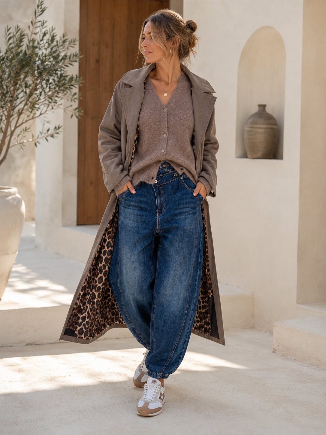 Tansania – Trenchcoat Mantel in Velourleder-Optik mit Leo-Futter | Made in Italy