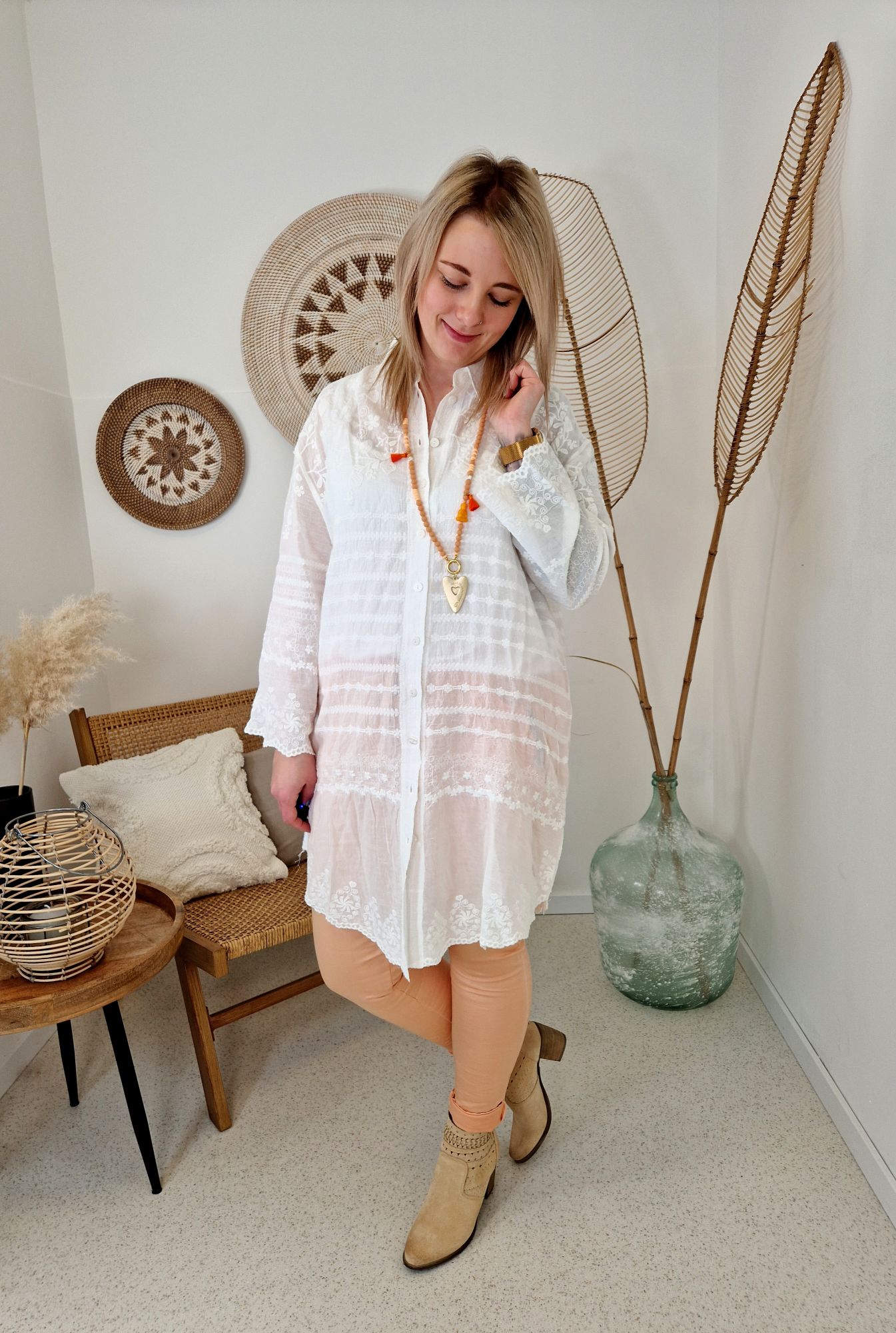SPITZEN LONGBLUSE ANETA CREME WEISS 34-42 Italy Style BLUSENKLEID Shirt Hemd Kimono
