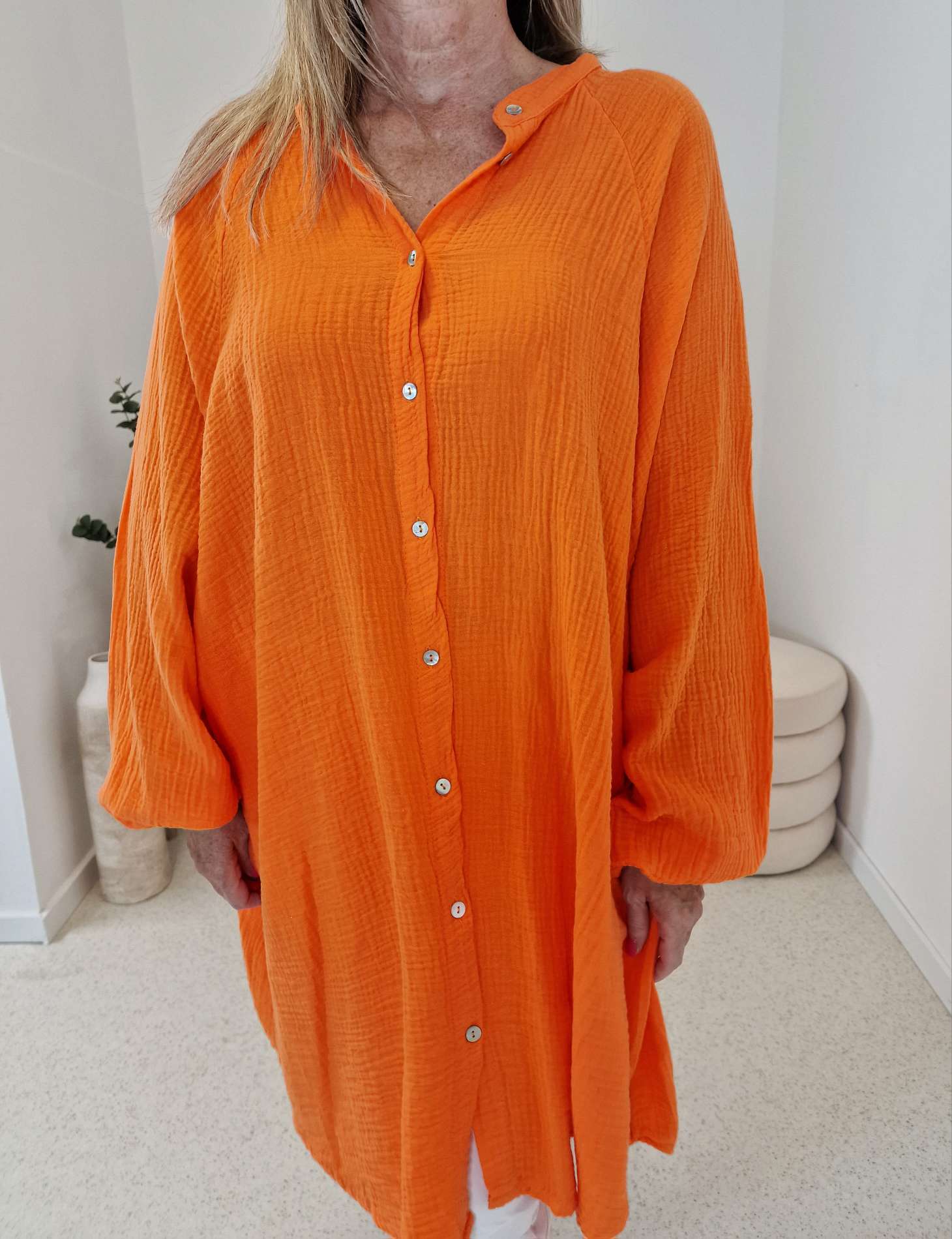 MUSSELIN OVERSIZE BLUSE BE CREATIVE ORANGE 34-42/44 Made in Italy Longbluse Kleid Tunika Shirt Blusenjacke MUSSELIN OVERSIZE BLUSE BE CREATIVE ORANGE 34-42/44 Made in Italy Longbluse Kleid Tunika Shirt Blusenjacke