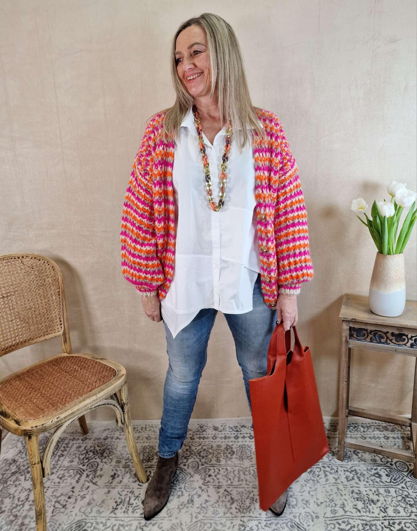 SHORT KNIT CARDIGAN DOMINO PINK ORANGE CREME kurze Strick Jacke Made in Italy 34-42 SHORT KNIT CARDIGAN DOMINO PINK ORANGE CREME kurze Strick Jacke Made in Italy 34-42