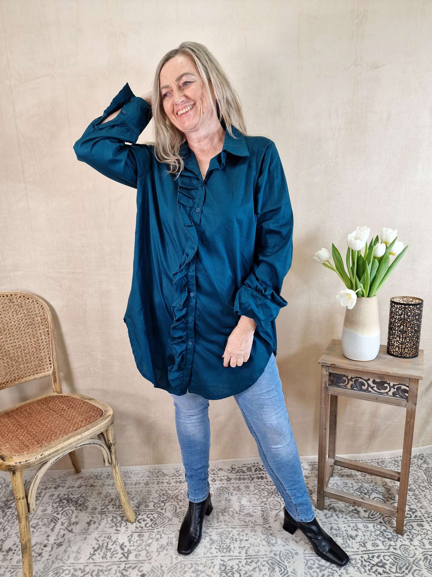 BASIC BLUSE JAMIE LONG PETROL 34-42 Made in Italy Oversize Shirt Hemd LANG Blusenkleid BASIC BLUSE JAMIE LONG PETROL 34-42 Made in Italy Oversize Shirt Hemd LANG Blusenkleid