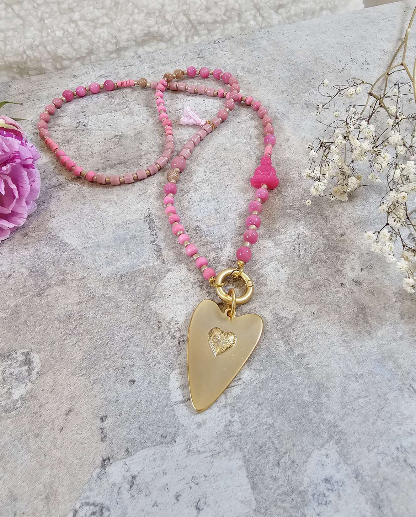   EXKLUSIVE LANGE KETTE BUDDHA PINK HEART Gold Shiny 