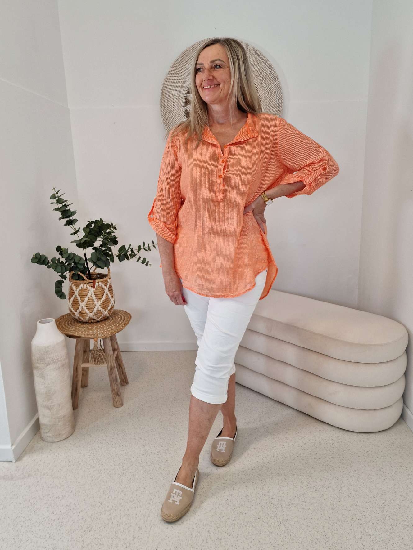 ZARTE STREIFEN BLUSE BELINDE ORANGE 34-42 langarm Bluse Shirt ZARTE STREIFEN BLUSE BELINDE ORANGE 34-42 langarm Bluse Shirt