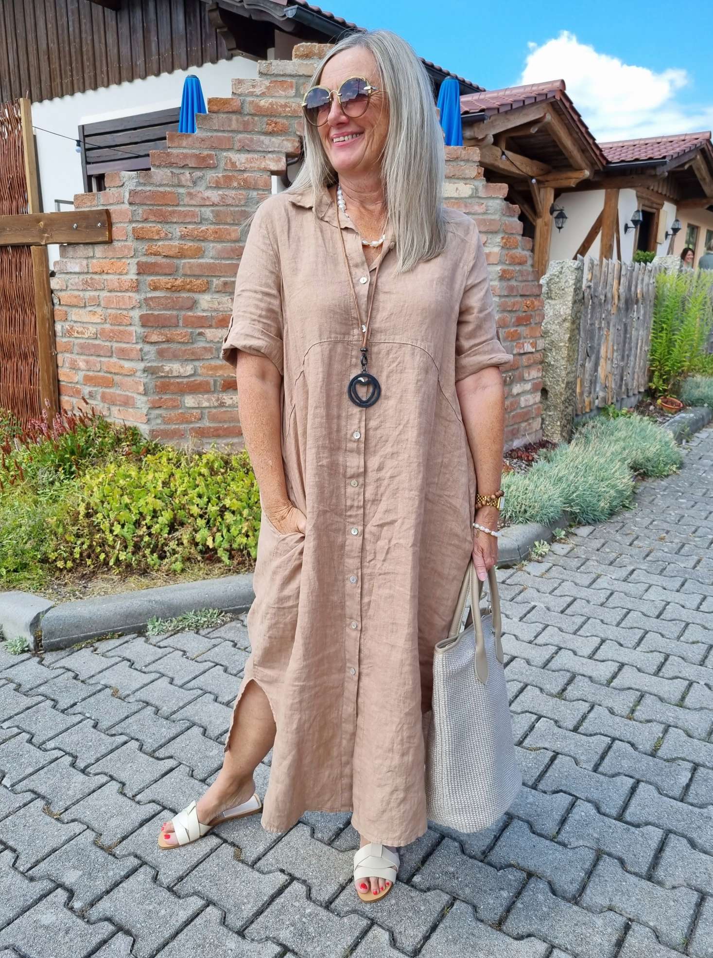 LINEN DESS WILMA CAMEL 34-42 Made in Italy Leinen Kleid Long Bluse Mantel LINEN DESS WILMA CAMEL 34-42 Made in Italy Leinen Kleid Long Bluse Mantel