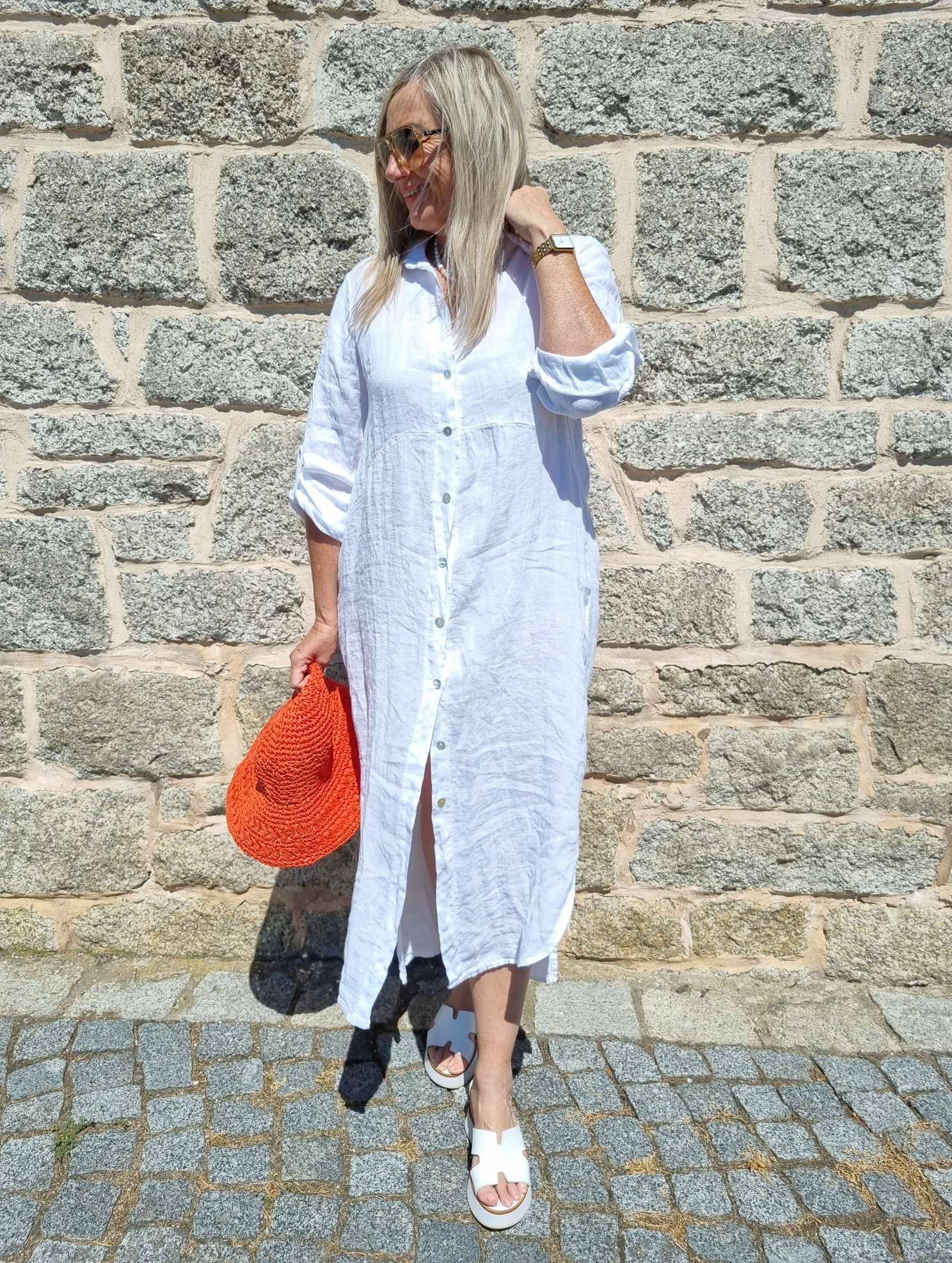 LINEN DESS WANDA 2 WEISS 34-40 Made in Italy Leinen Kleid Long Bluse Mantel LINEN DESS WANDA 2 WEISS 34-40 Made in Italy Leinen Kleid Long Bluse Mantel