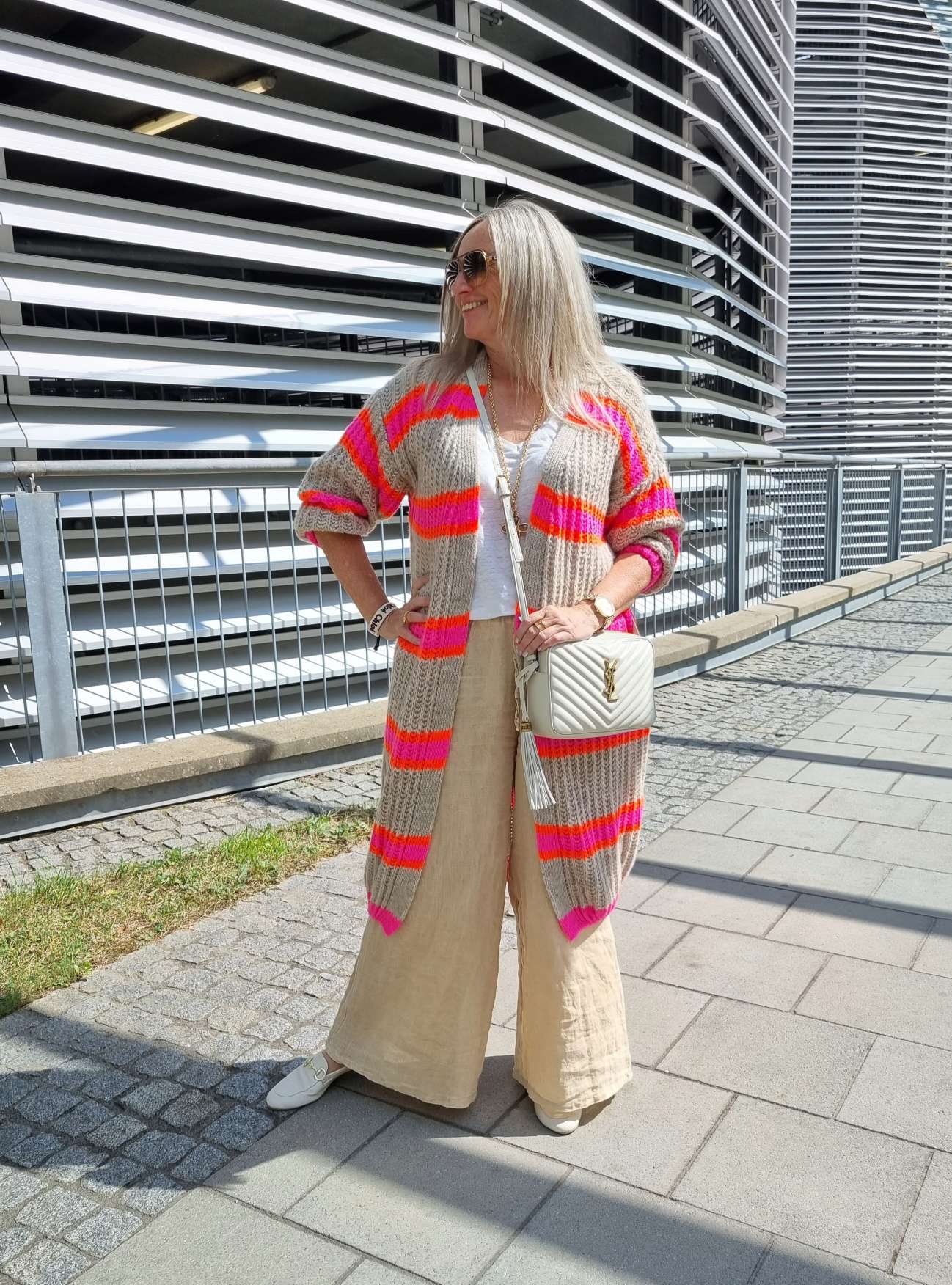 LONG KNIT CARDIGAN MYKONOS STRIPES BEIGE langer Strick Mantel Jacke Made in Italy Streifen 34-42 LONG KNIT CARDIGAN MYKONOS STRIPES BEIGE langer Strick Mantel Jacke Made in Italy Streifen 34-42